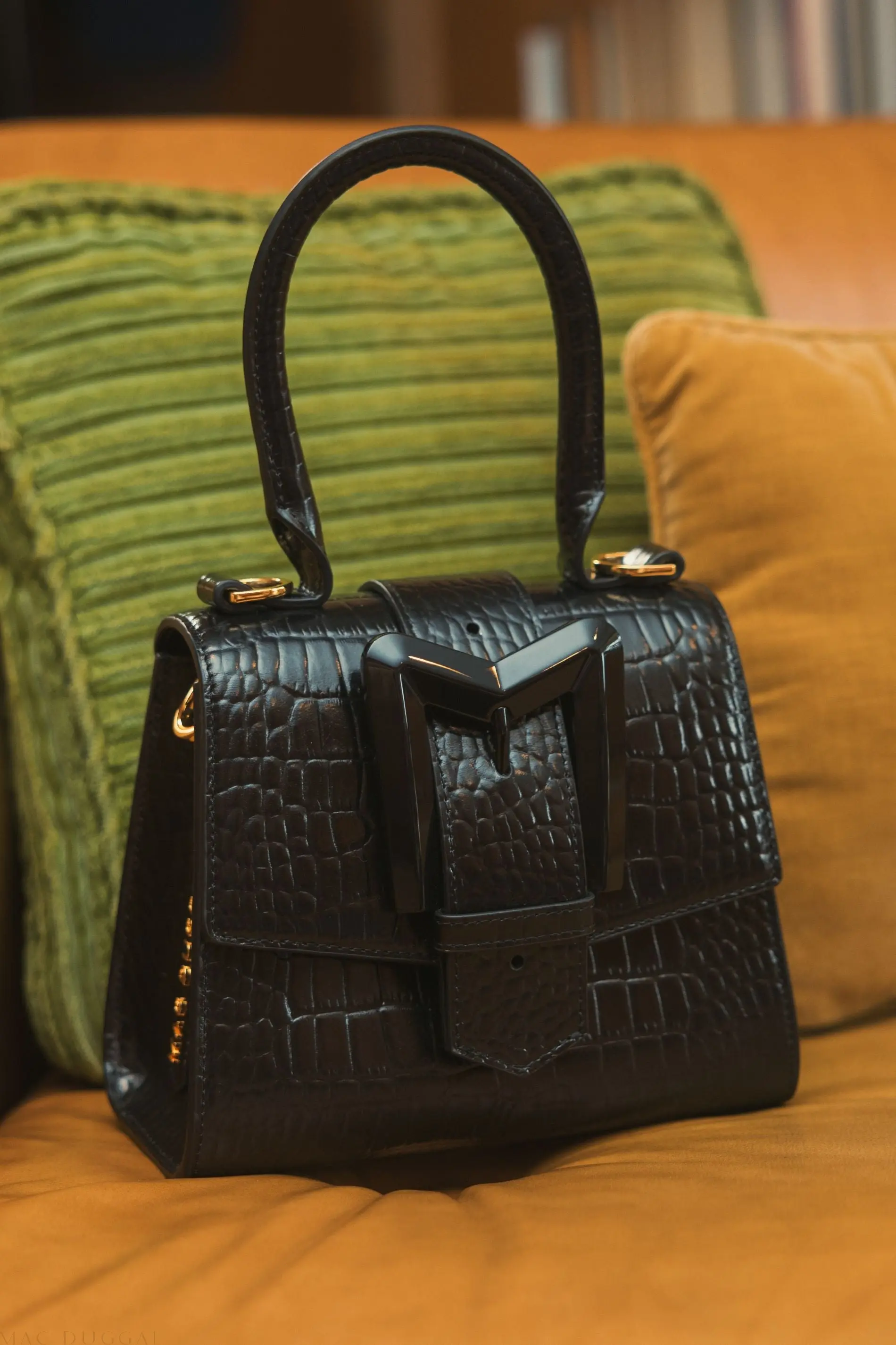 Black Mini Croc Embossed Leather Handbag - Image 8