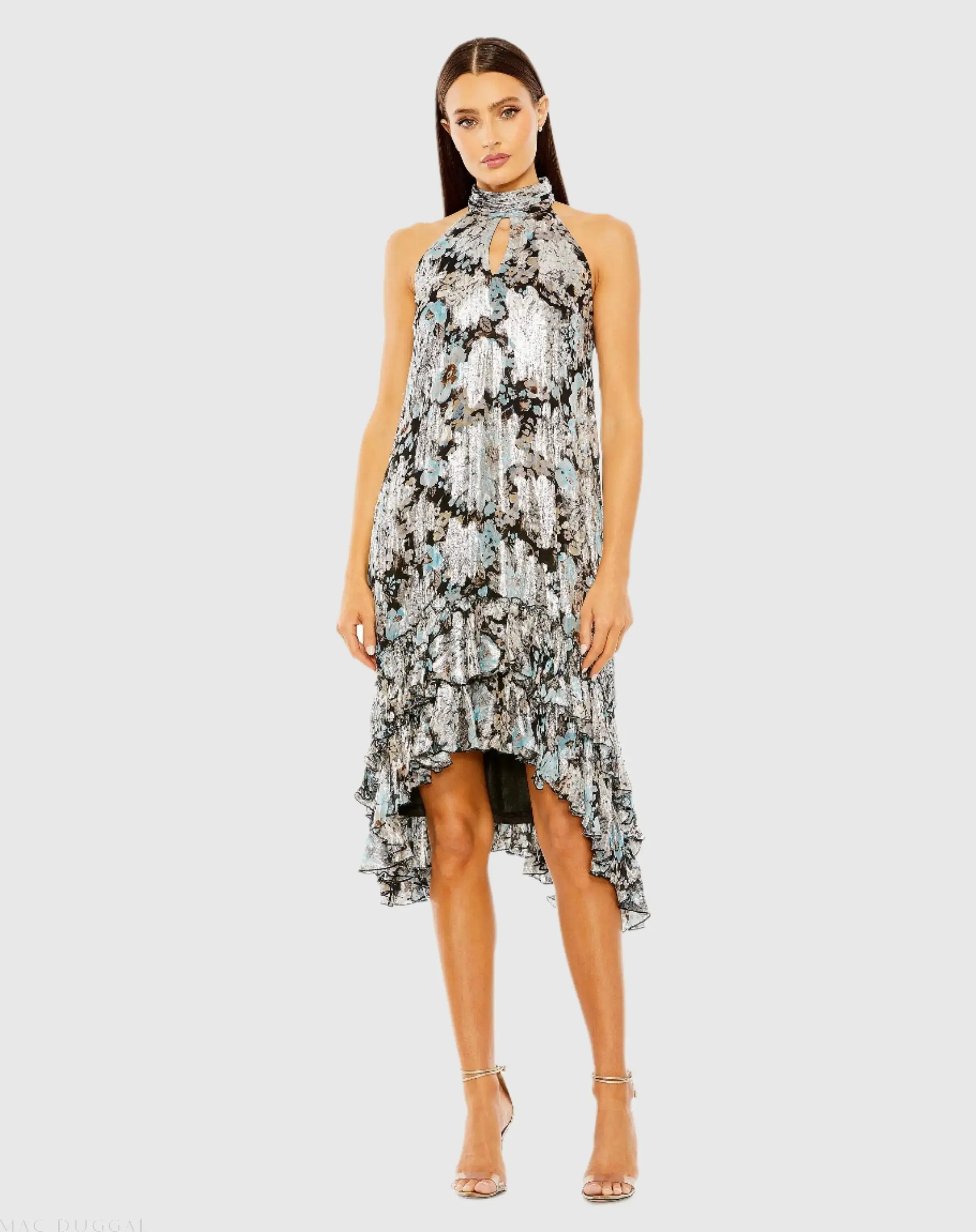 High Neck Keyhole A-Line Floral Ruffle Mini Dress - Image 2