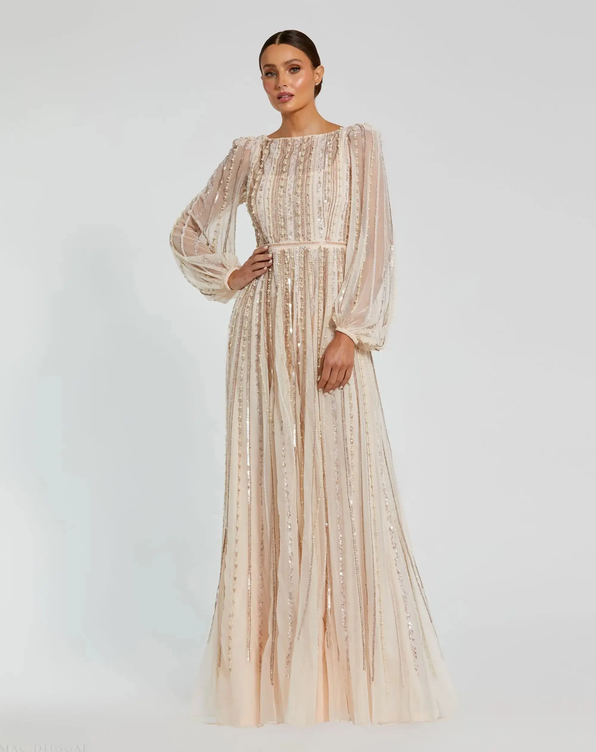 High Neck Long Sleeve A-line Gown With Pearl Beading - Image 2