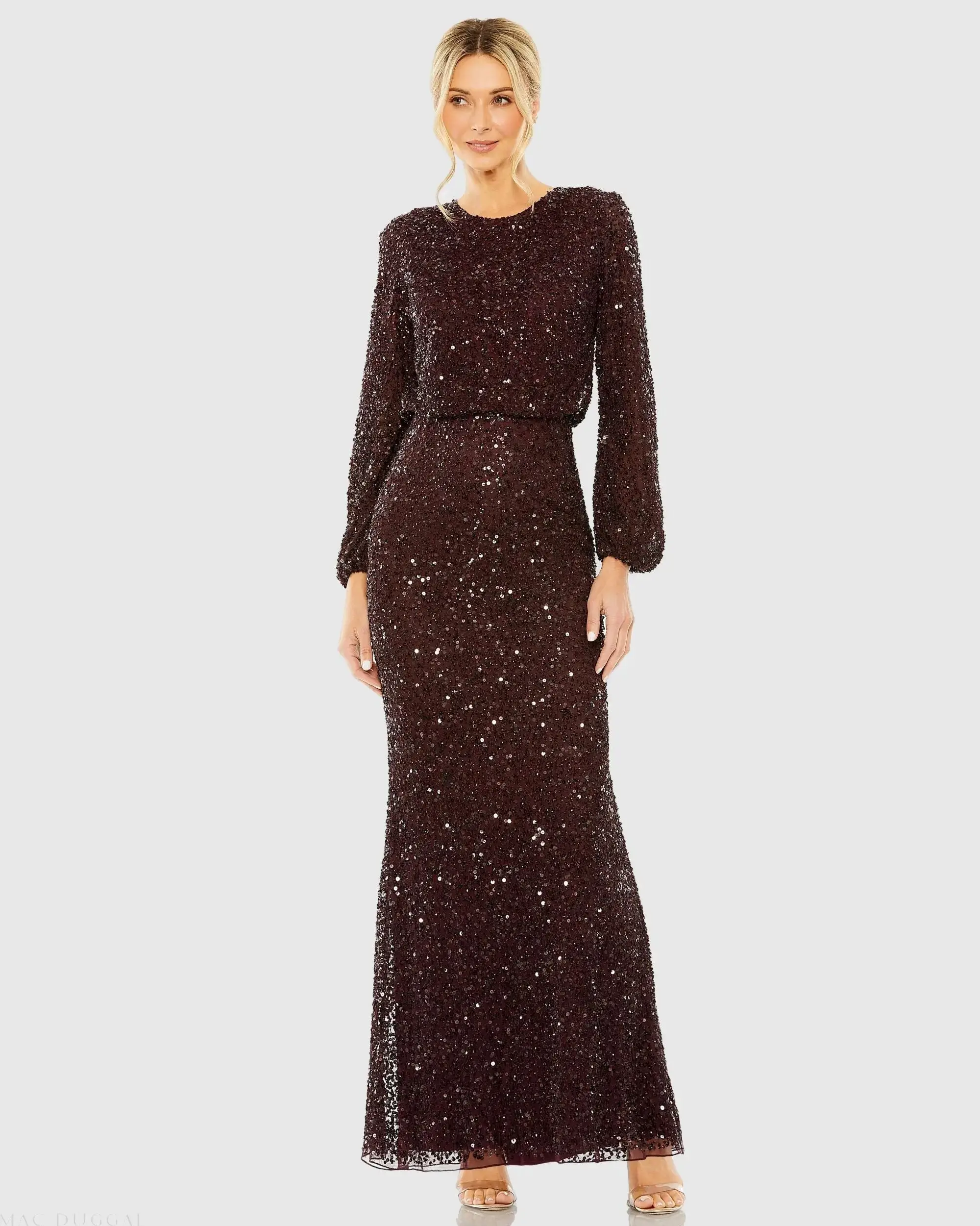 High Neck Long Sleeve Beaded Blouson Gown - Image 2