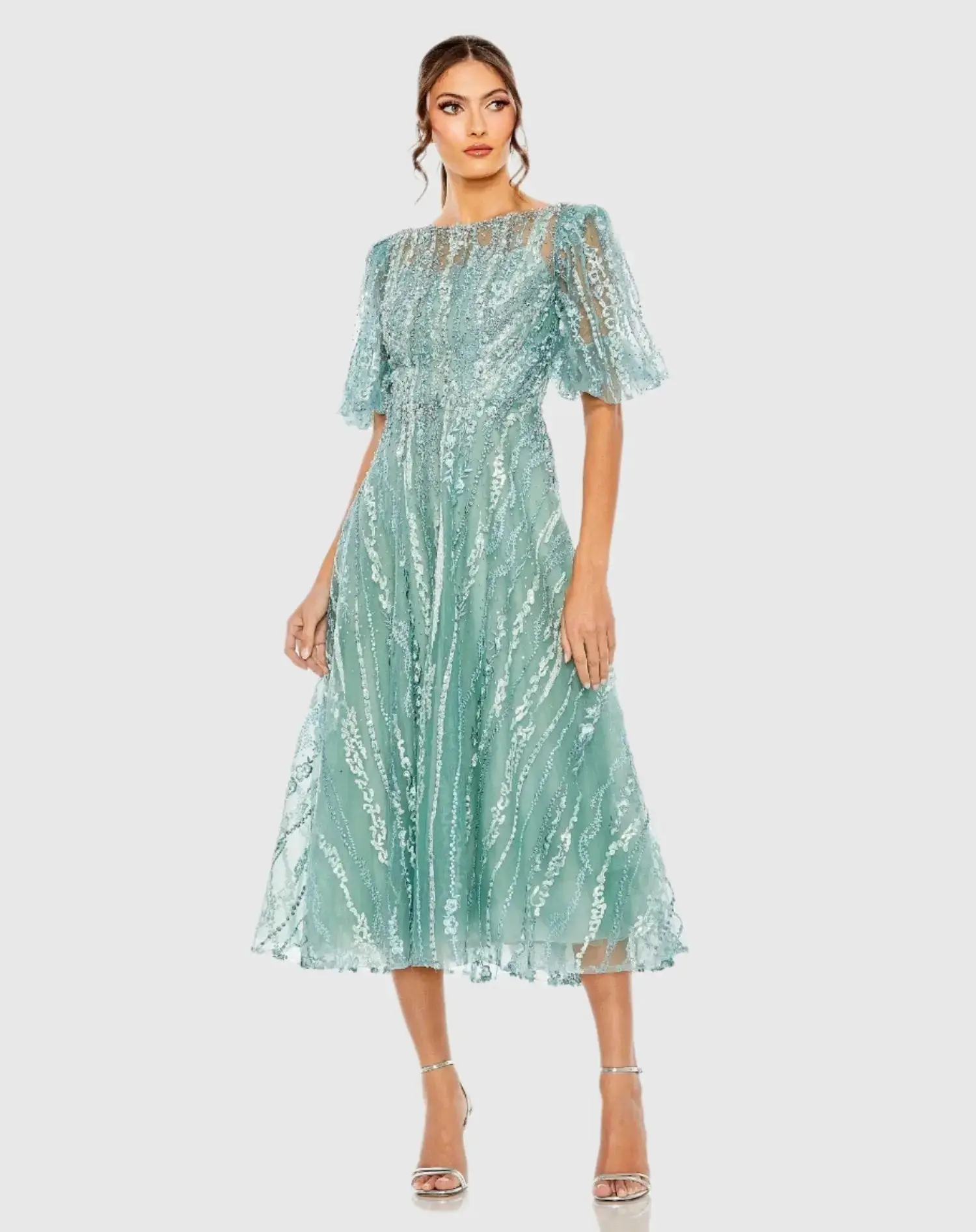 High Neck Puff Sleeve Embellished A Line Dress - Image 2