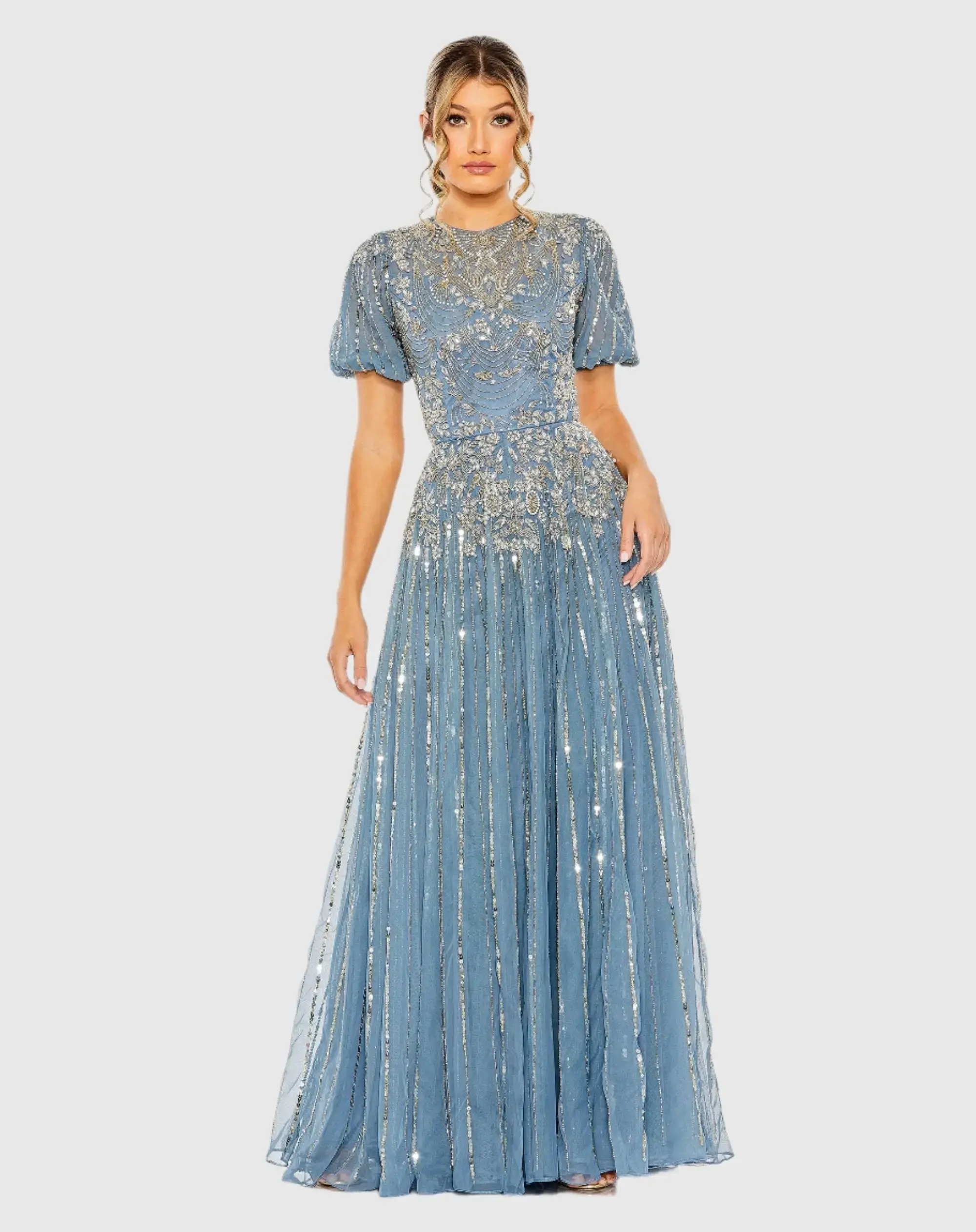 High Neck Puff Sleeve Embellished A Line Gown - Image 2