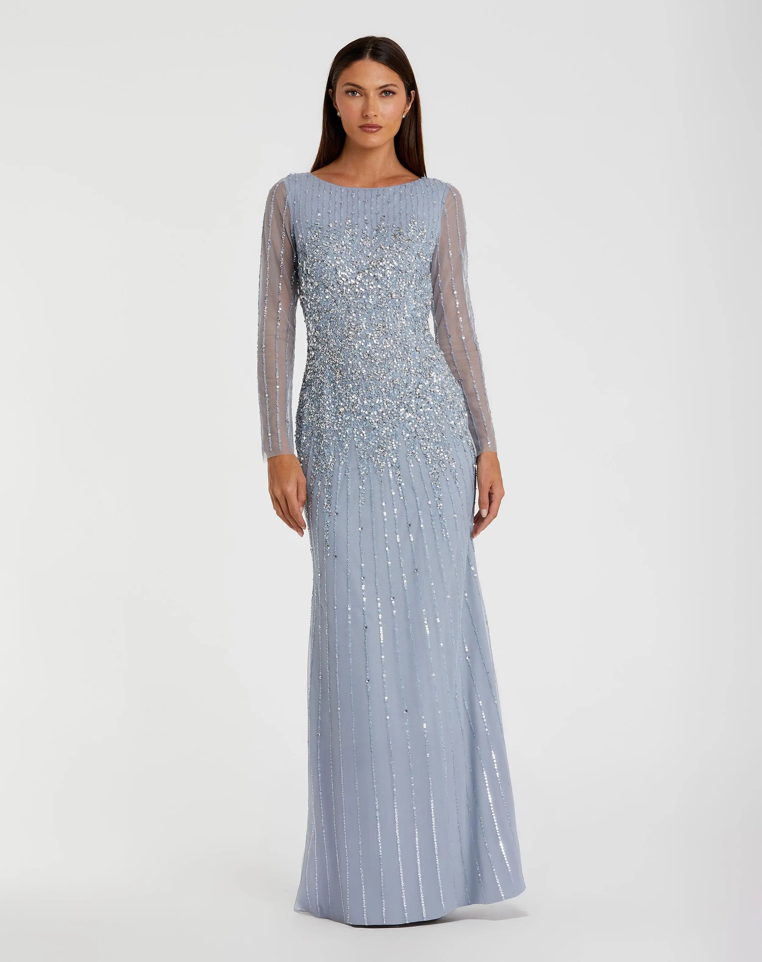 High Neck Sequin Embellished Long Sleeve A Line Gown - Image 3