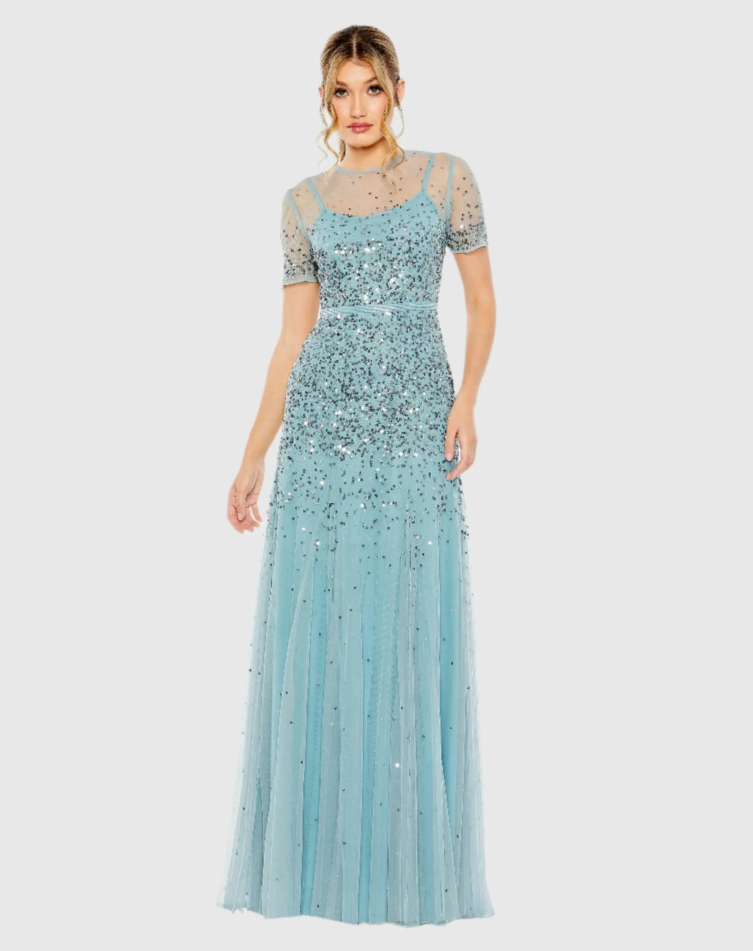 High Neck Short Sleeve Sequin Embellished Gown - Image 3