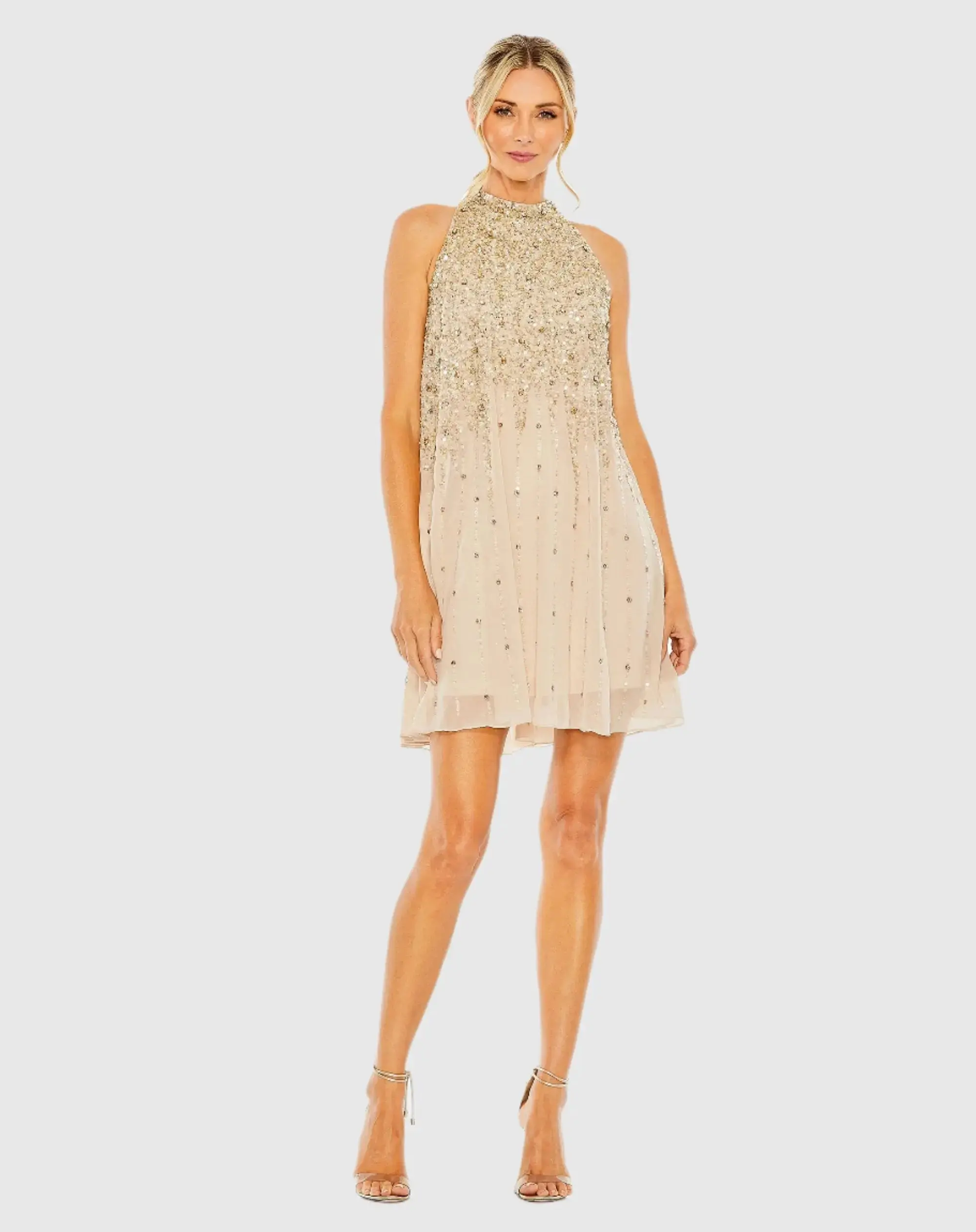 High Neck Sleeveless Sequin Embellished Trapeze Dress - Image 2