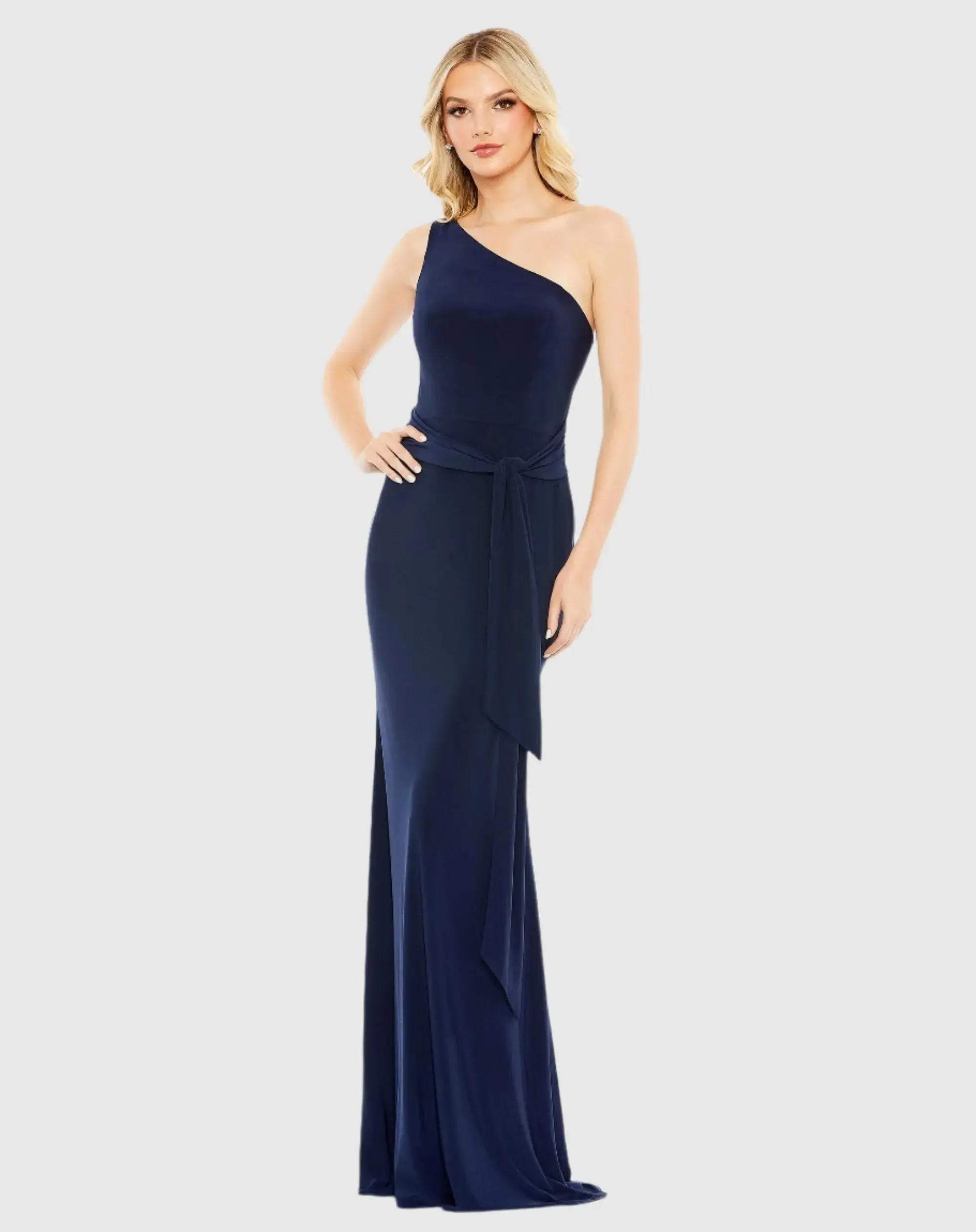 Jersey One Shoulder Belted Trumpet Gown - Image 3