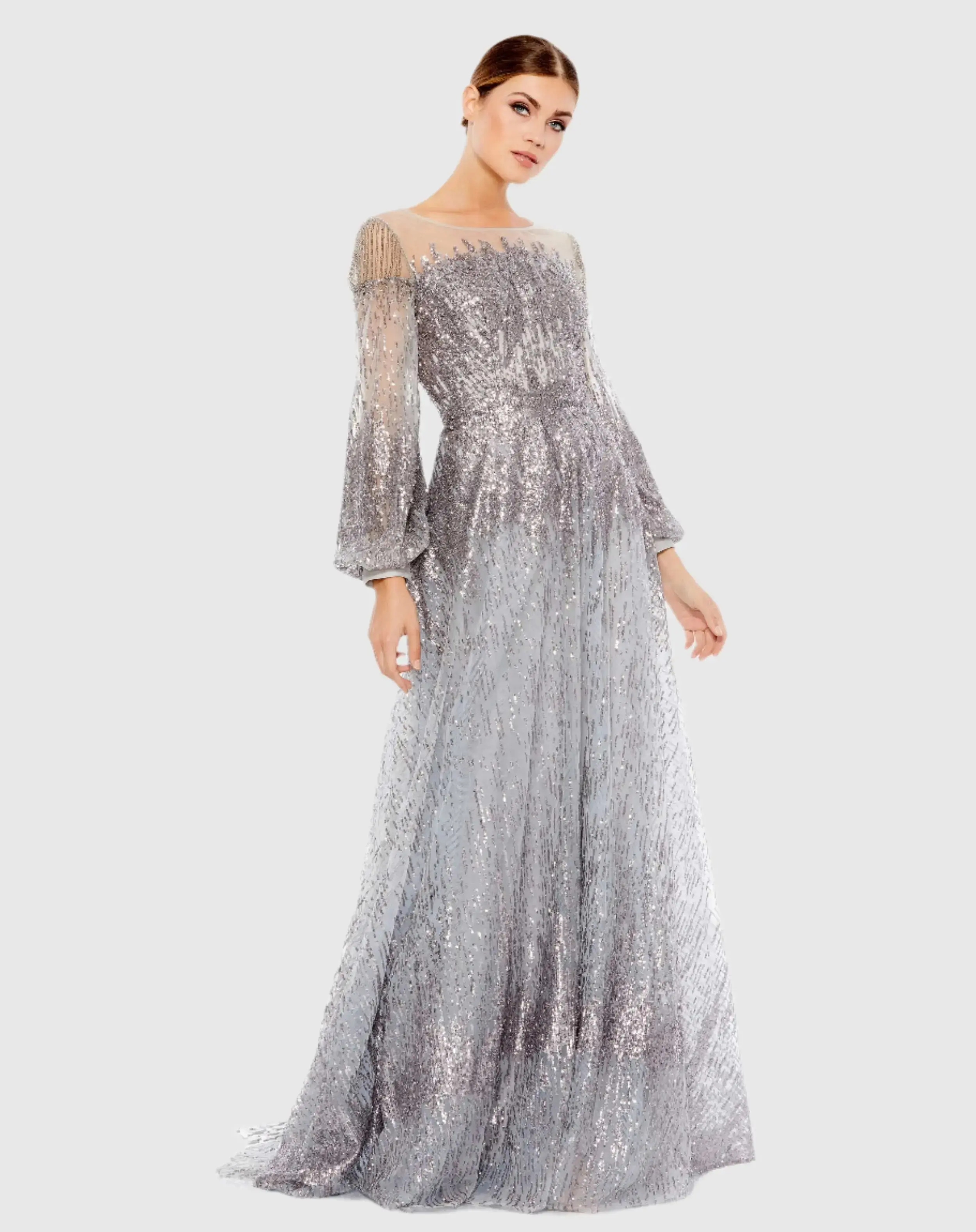 Jewel Encrusted Illusion Long Sleeve A Line Gown - Image 2