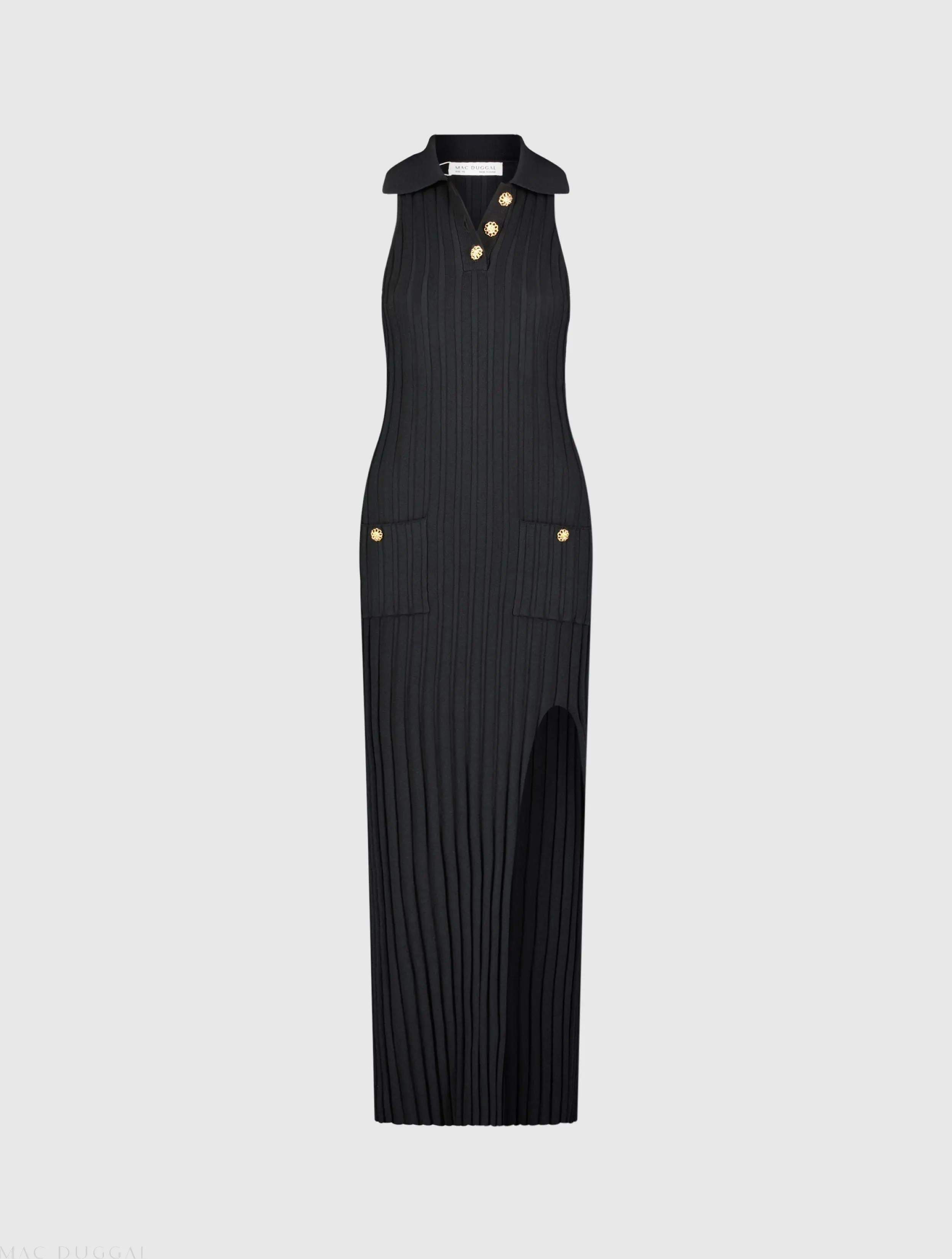 Black Rib Knit Collared Sleeveless Fitted Maxi Dress - FINAL SALE - Image 2