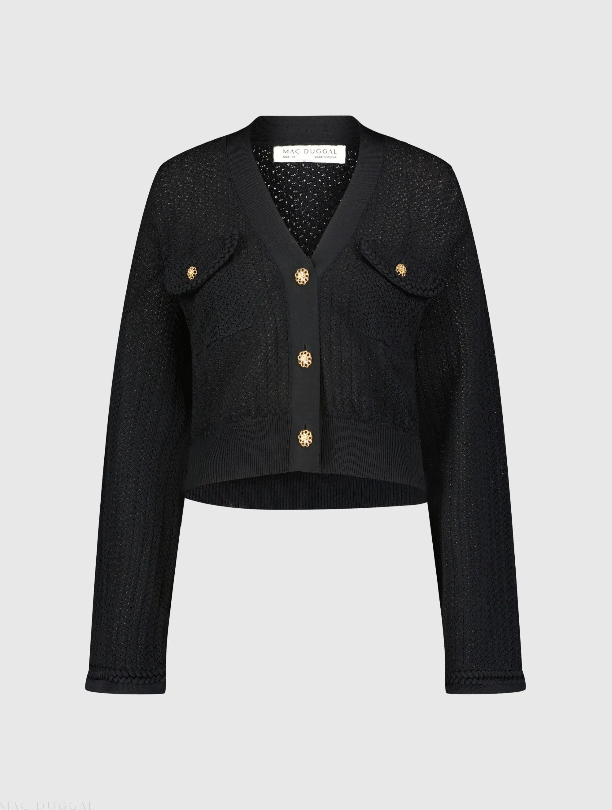 Black Crochet Knit Flare Long Sleeve Gold Button Cropped Cardigan - Image 2