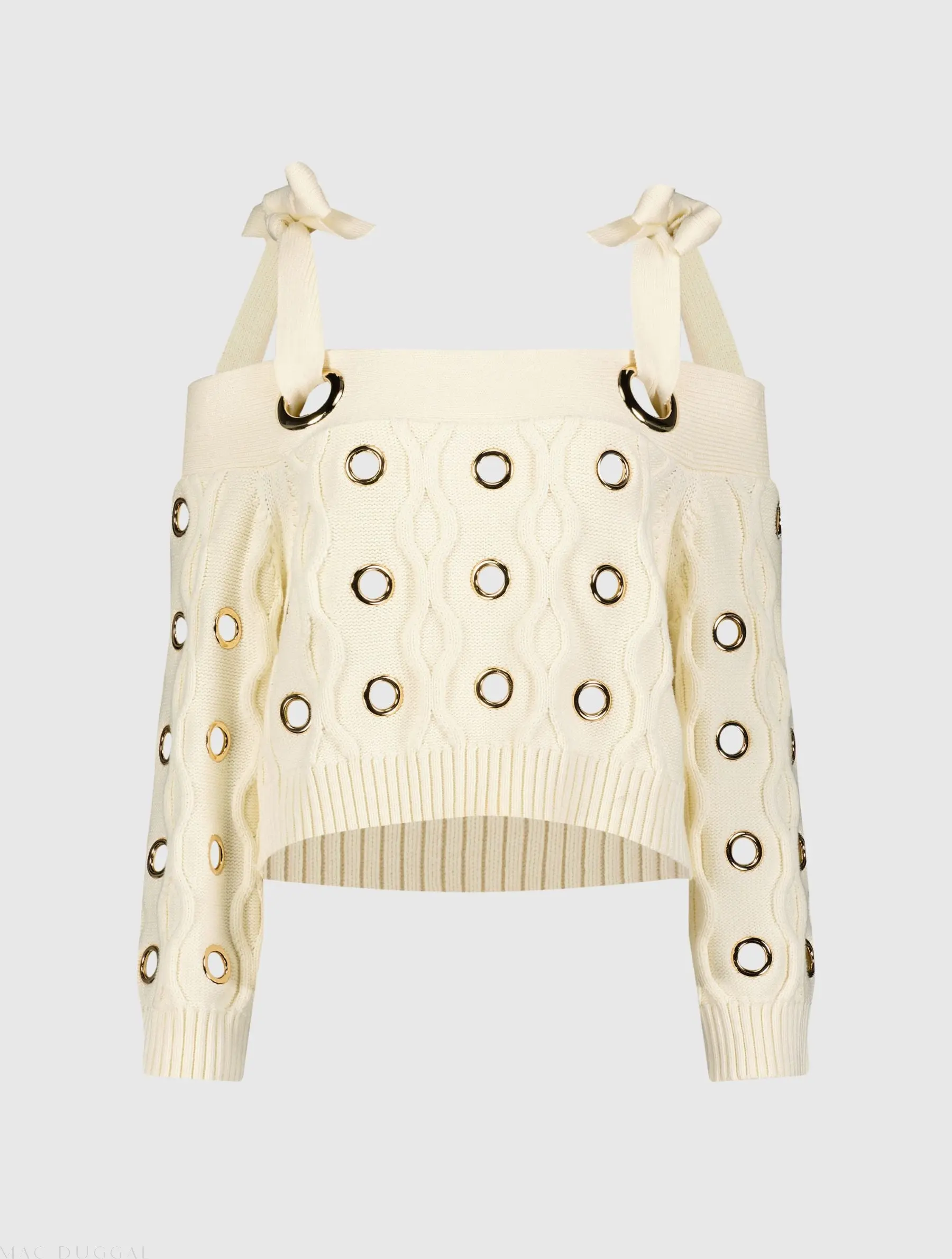 Ivory Chunky Knit Off The Shoulder Grommet Cropped Sweater - FINAL SALE - Image 2