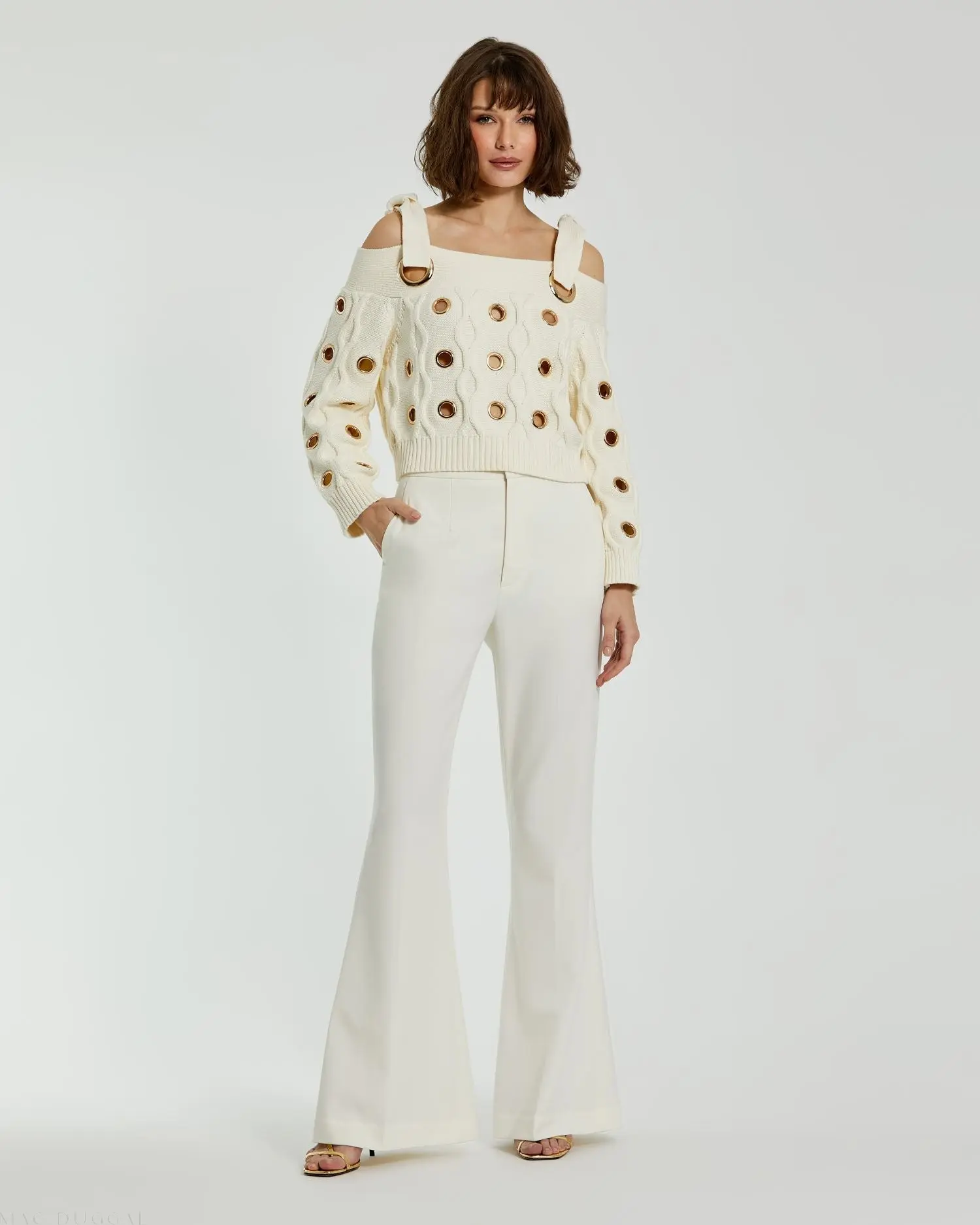 Ivory Chunky Knit Off The Shoulder Grommet Cropped Sweater - FINAL SALE - Image 3