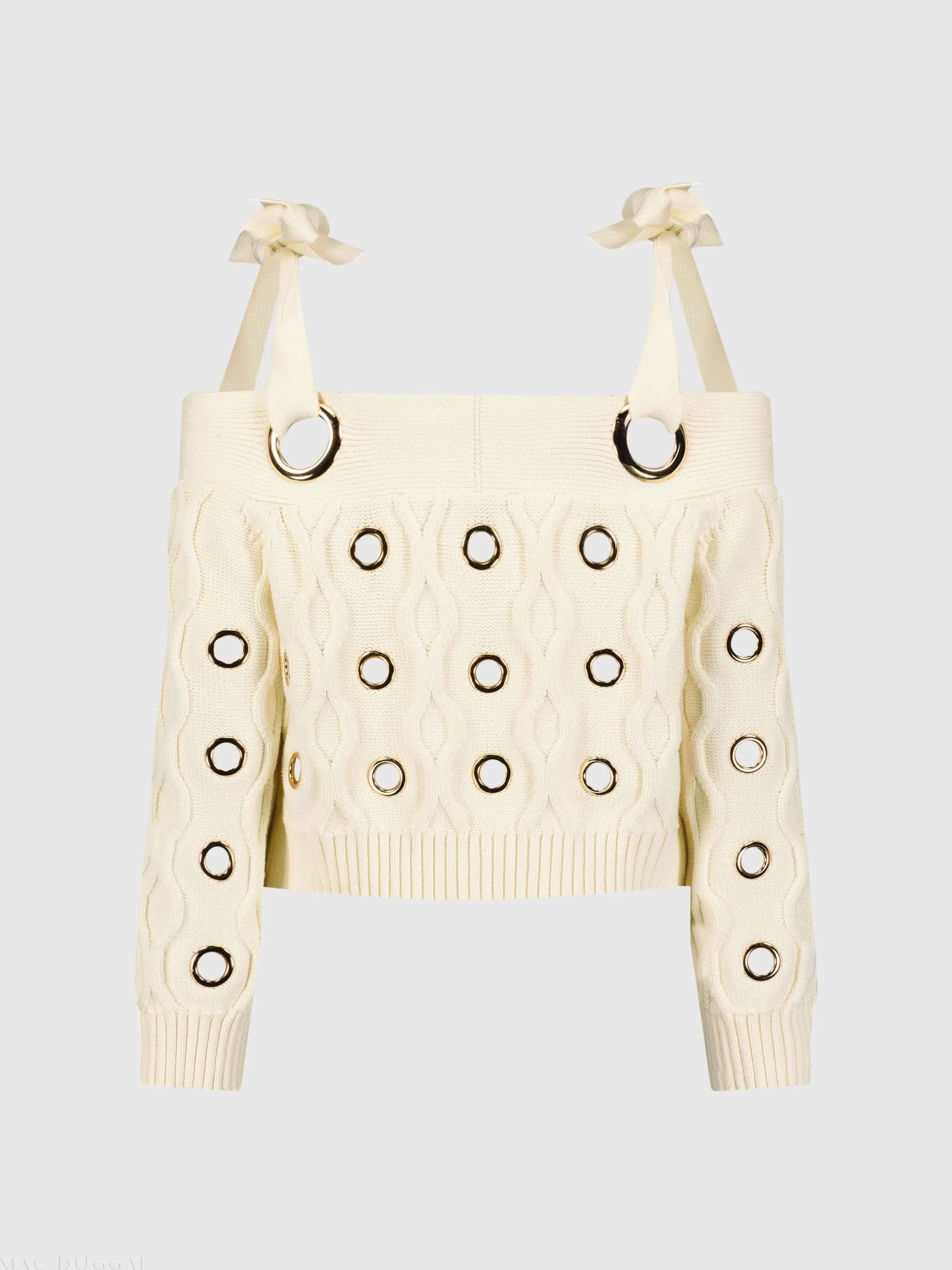 Ivory Chunky Knit Off The Shoulder Grommet Cropped Sweater - FINAL SALE - Image 4