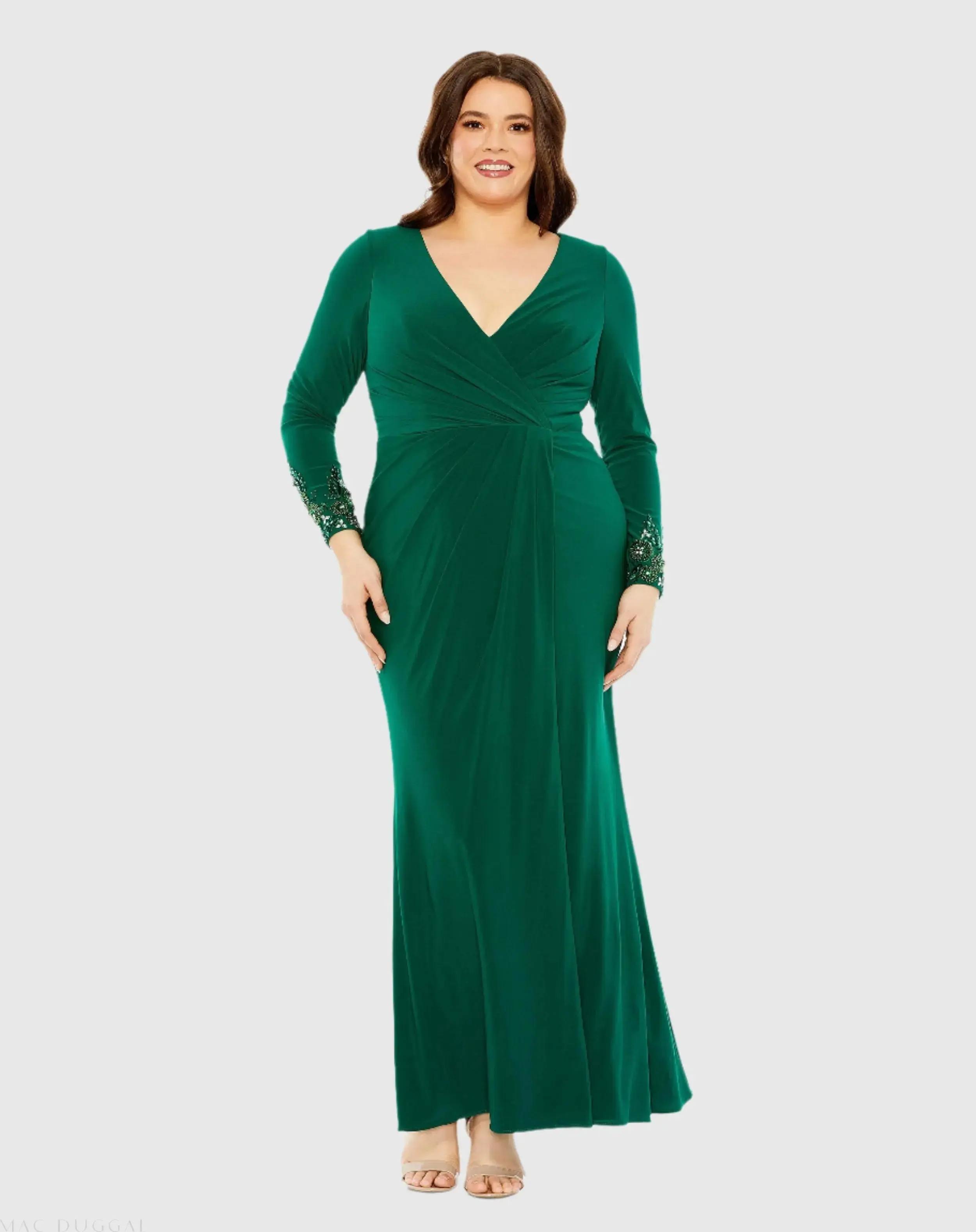 Long Crystal Detail Sleeve V Neck Gown - Image 2