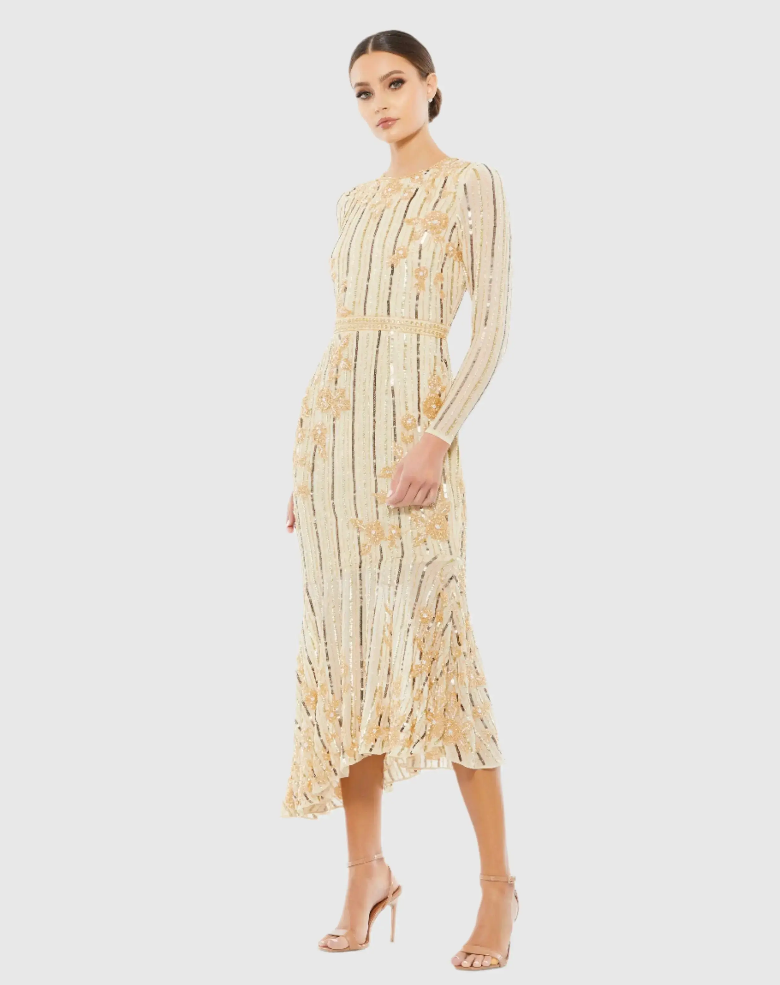 Long Sleeve Embellished Tea Length Dress - Image 2