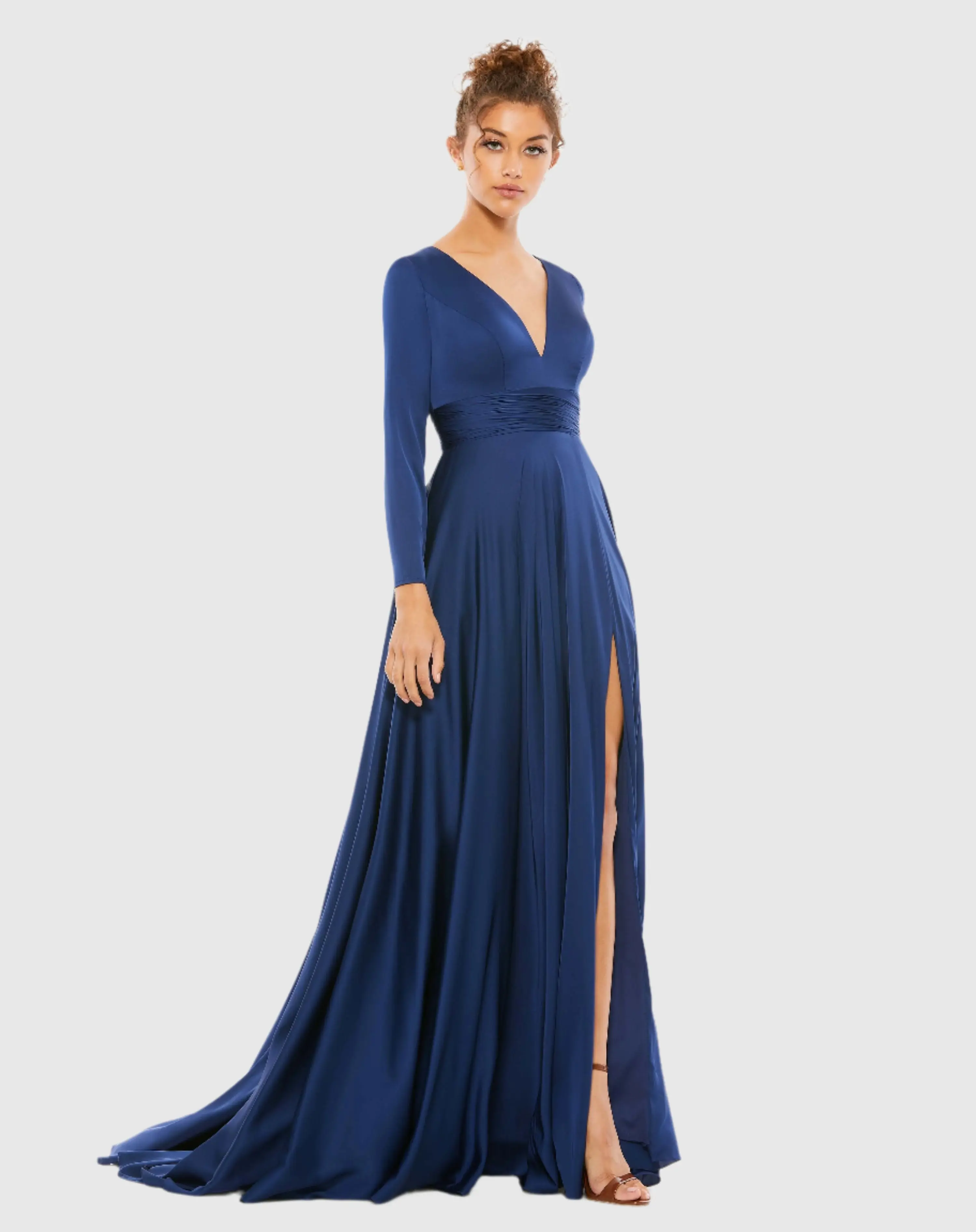 Long Sleeve Ruched Waist A-Line Gown - Image 2