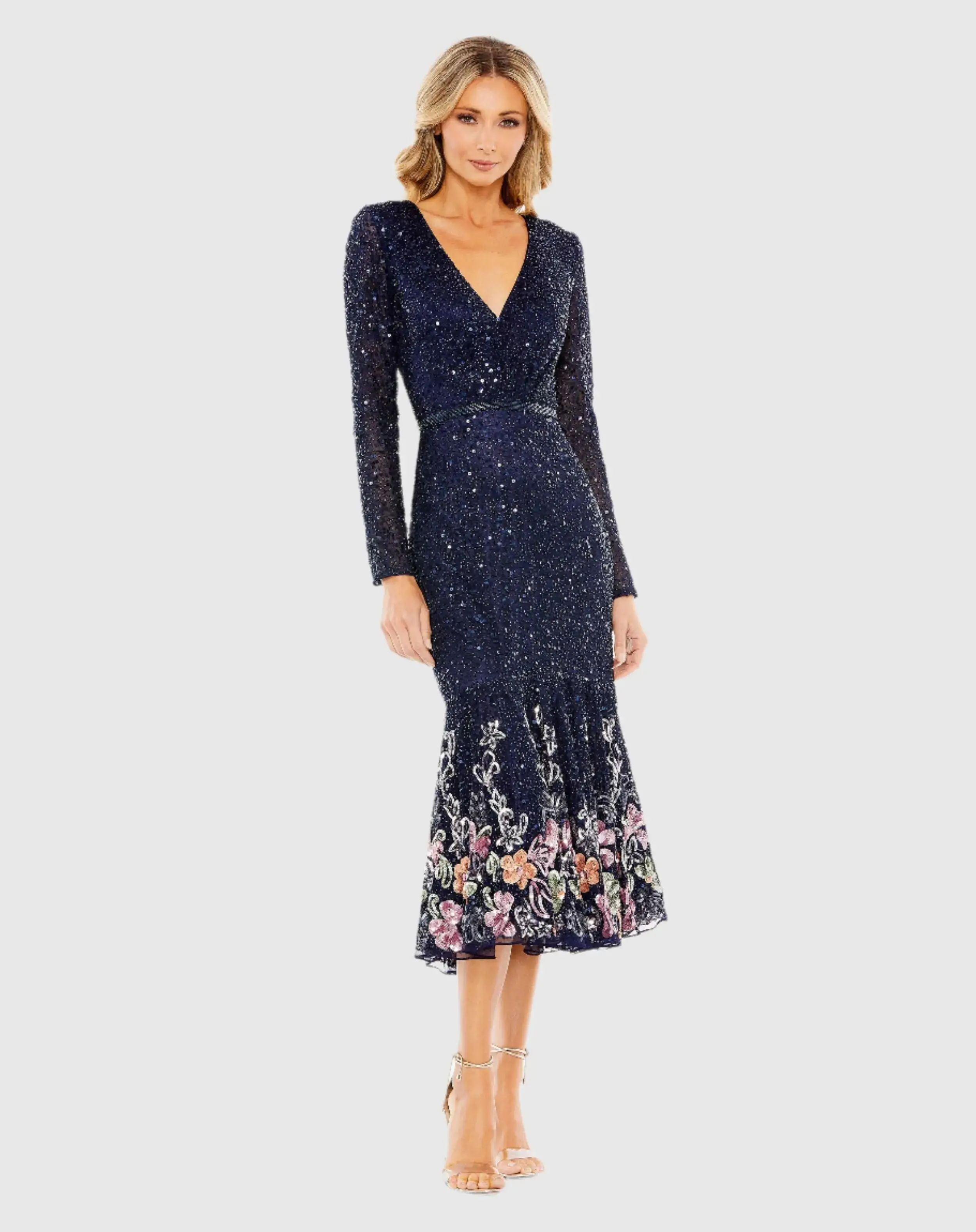 Multicolor Faux Wrap Long Sleeve Tea Length Dress - Image 2