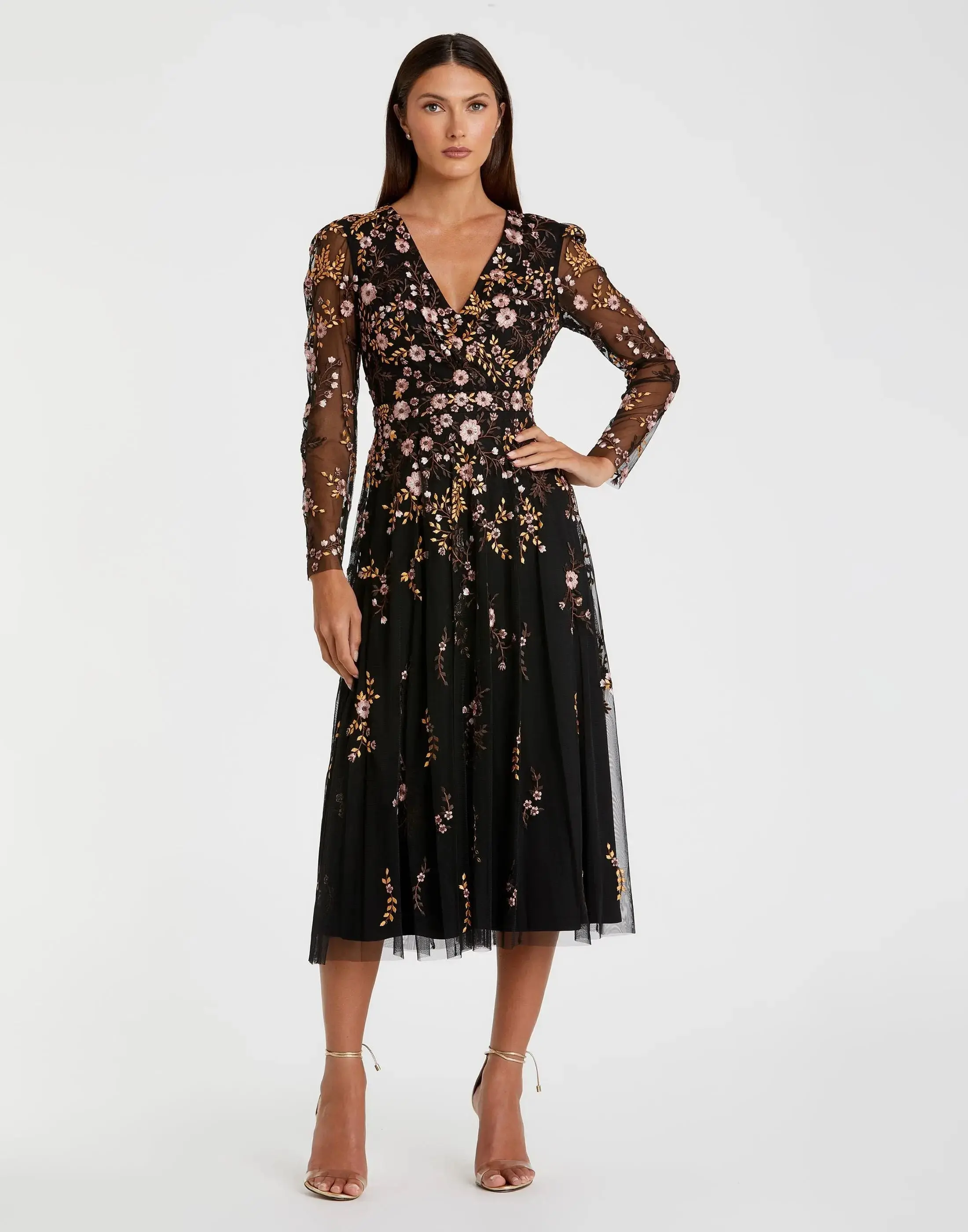 Multicolor Floral Embroidered A-Line Cocktail Dress