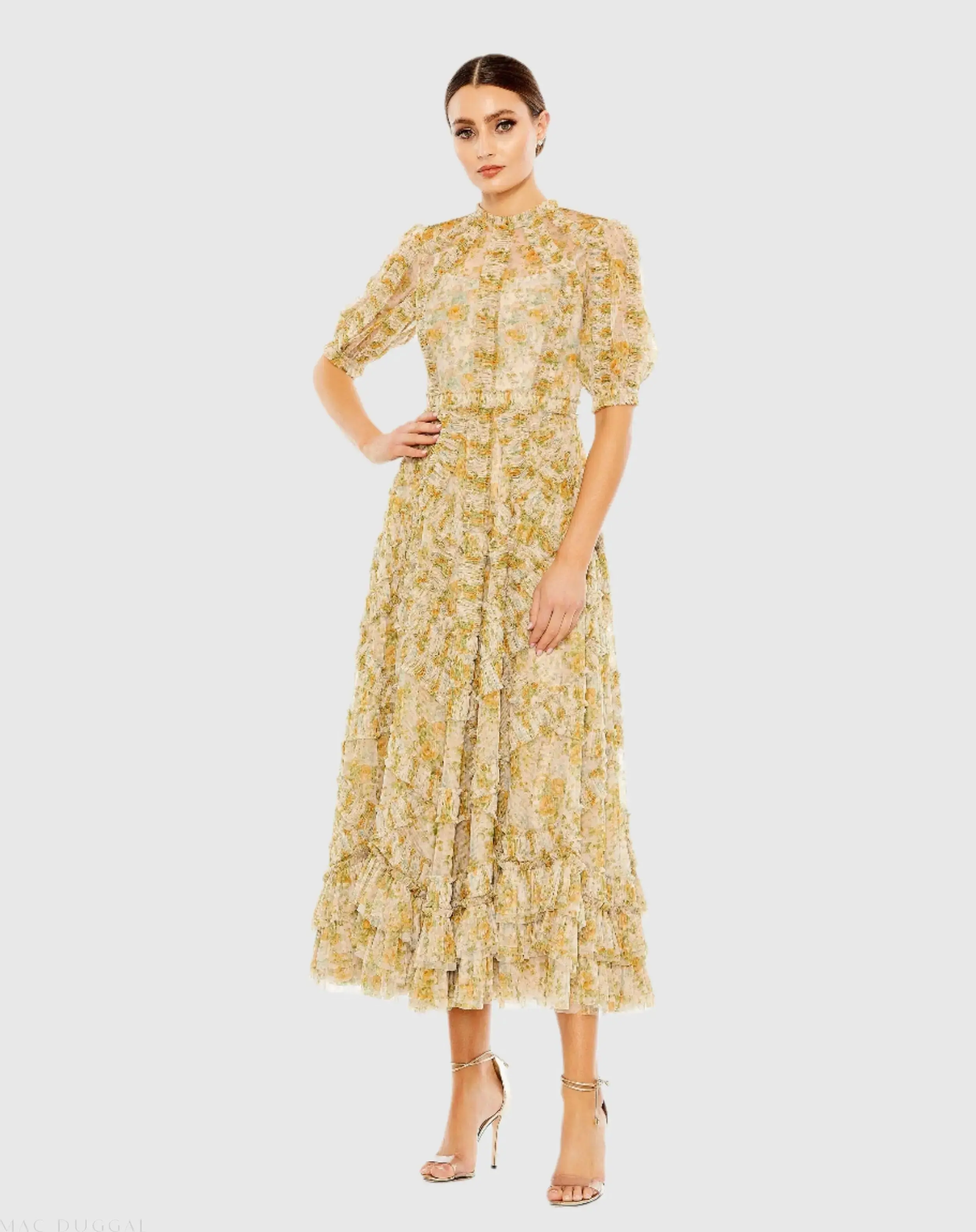 Multicolor Mesh Puff Sleeve Floral Print Dress - Image 2