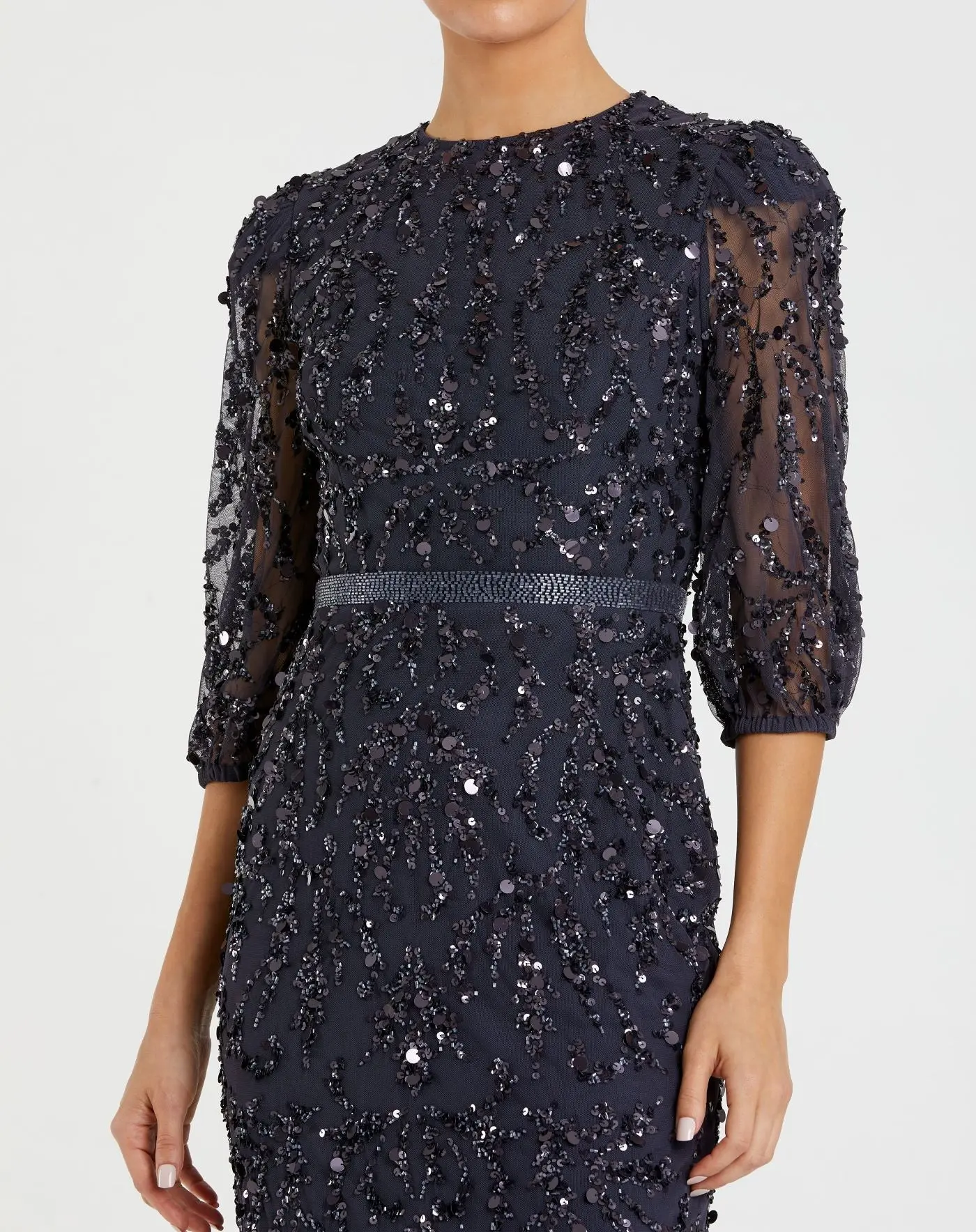 Navy Embellished Column Gown with 3/4 Sleeves - Image 2