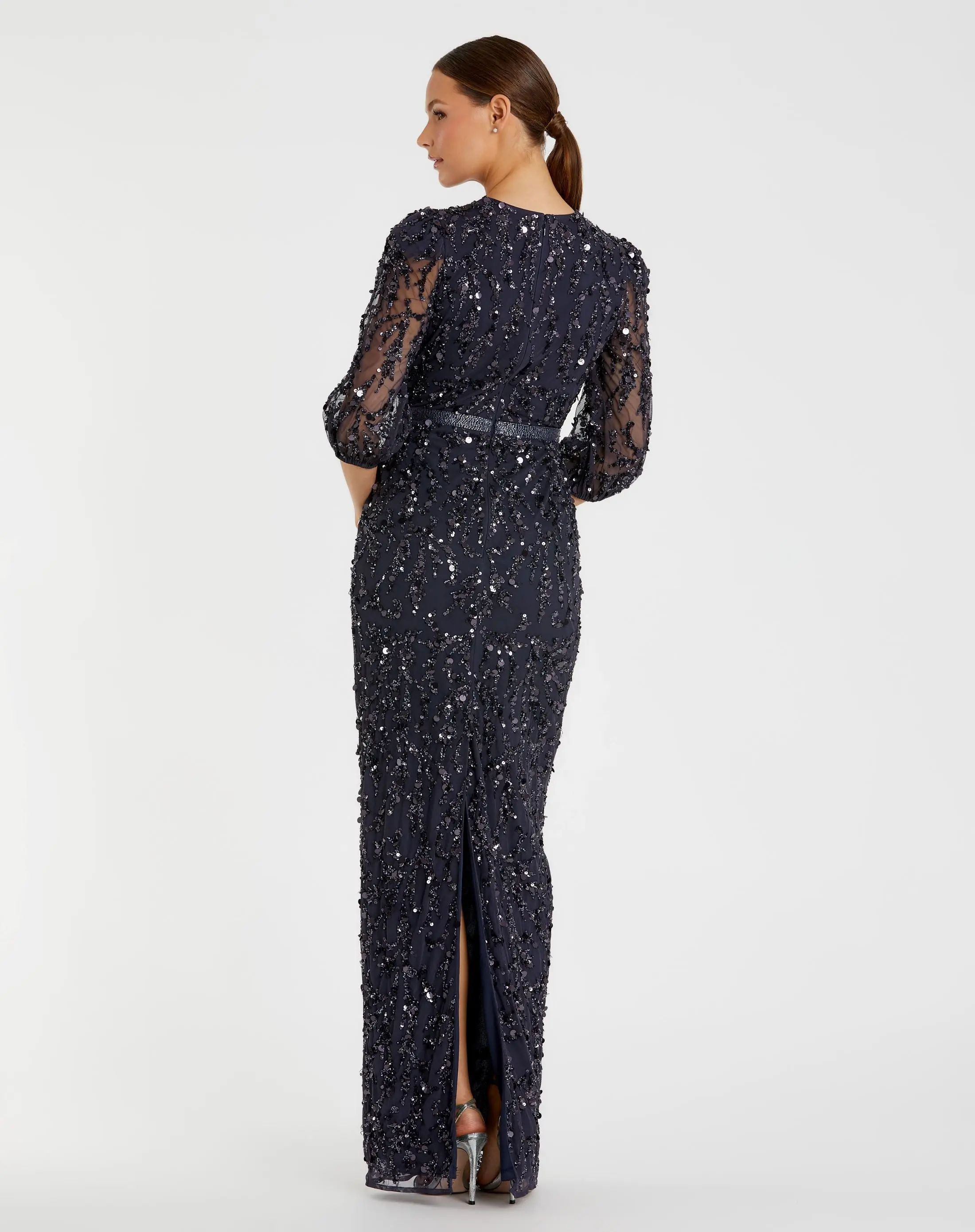 Navy Embellished Column Gown with 3/4 Sleeves - Image 3