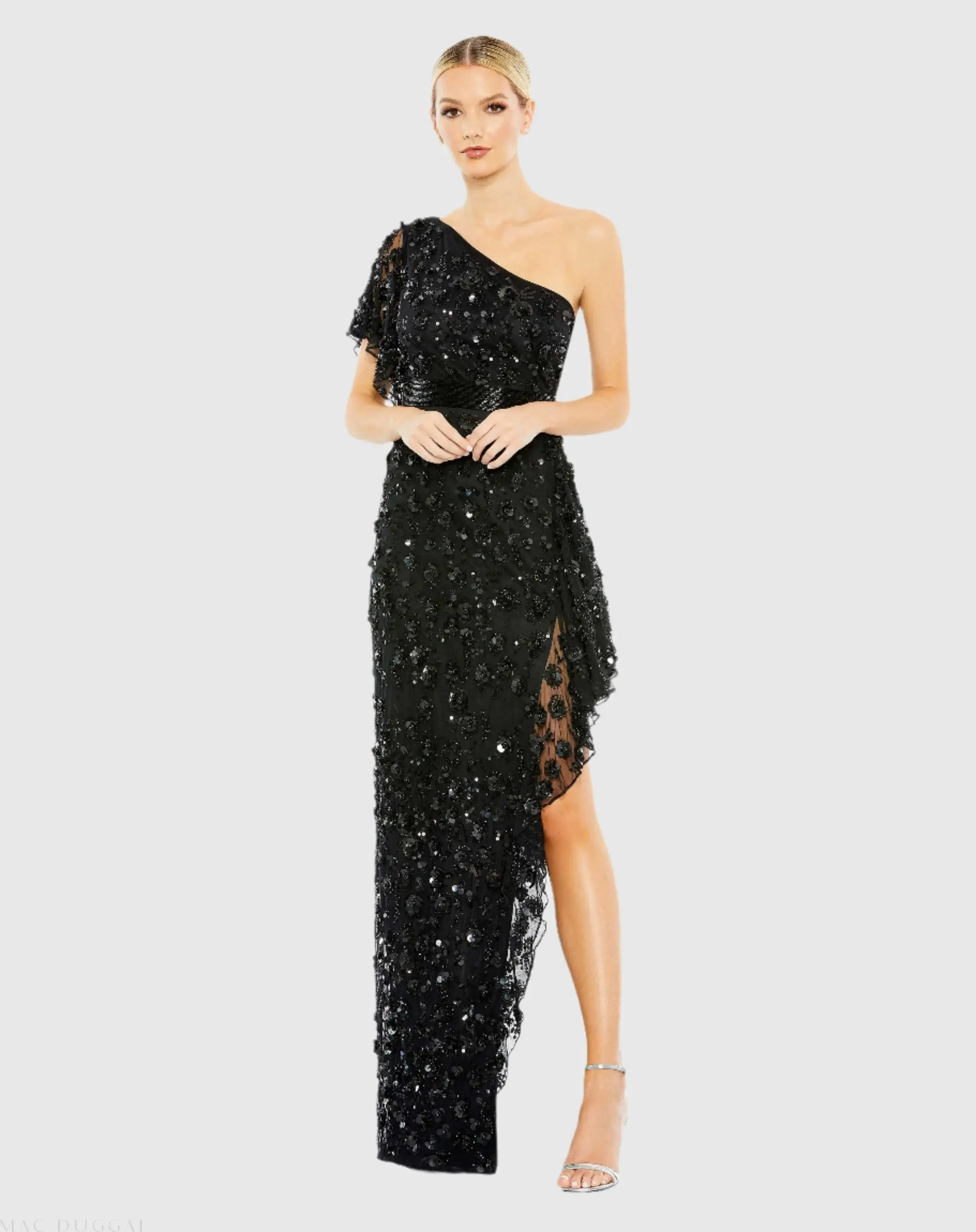 One Shoulder Beaded Embellished Gown with Asymmetrical Hem - Image 2