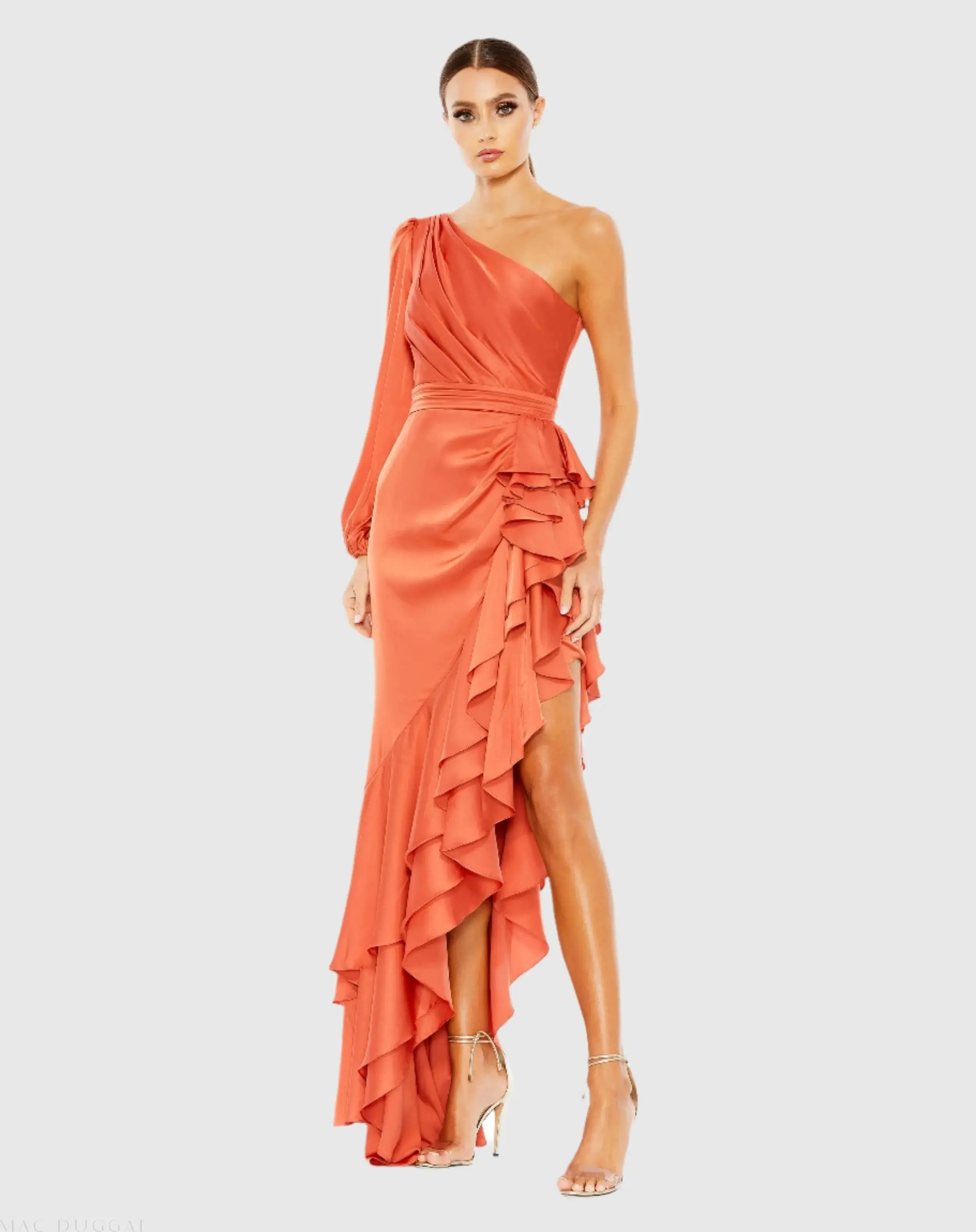 One Sleeve Cut Out Asymmetrical Ruffled Gown - Image 2