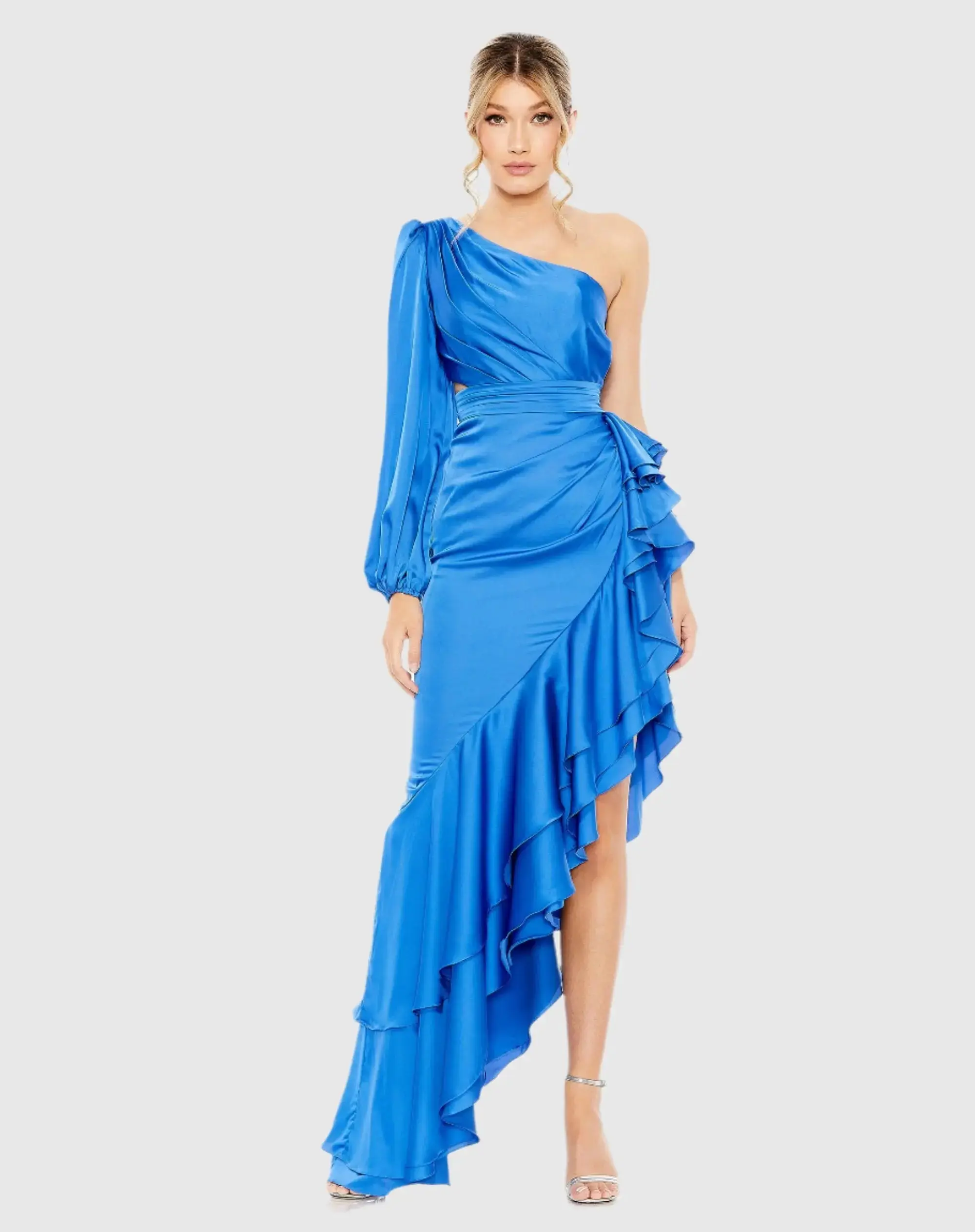 One Sleeve Cut Out Asymmetrical Ruffled Gown - Image 3