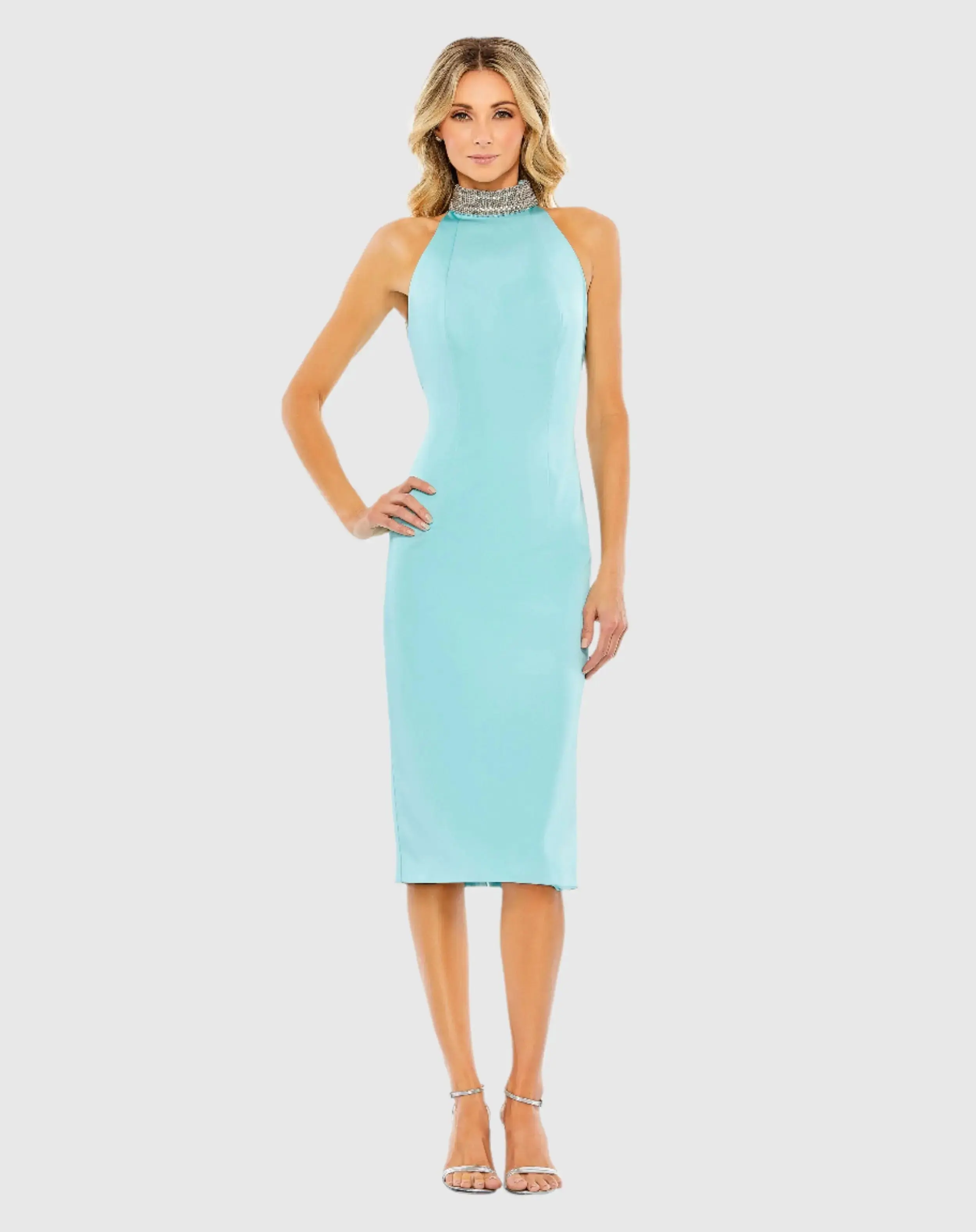 Open Back Jeweled Halter Midi Dress - Image 2