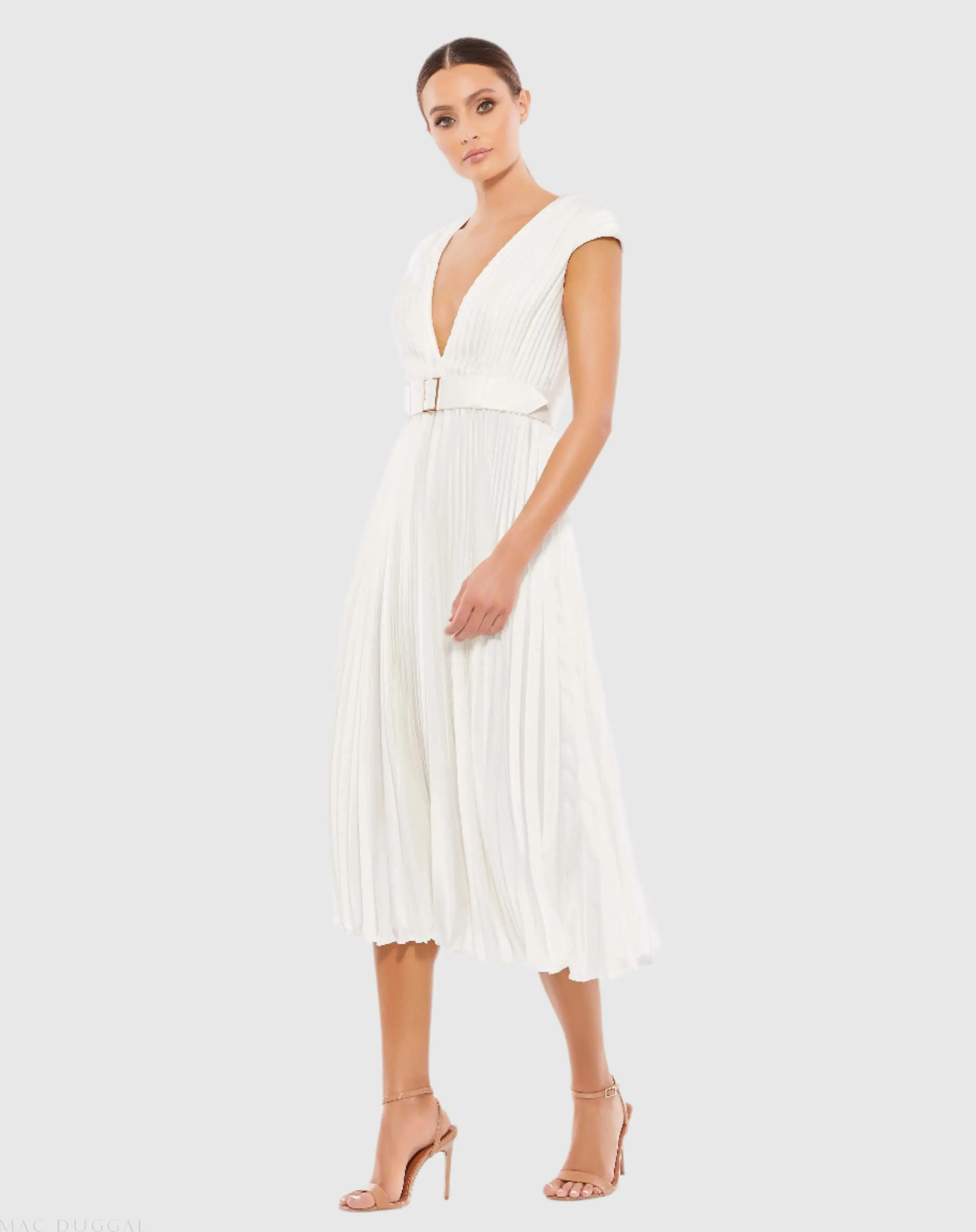 Pleated Cap Sleeve Belted A Line Dress - Image 2