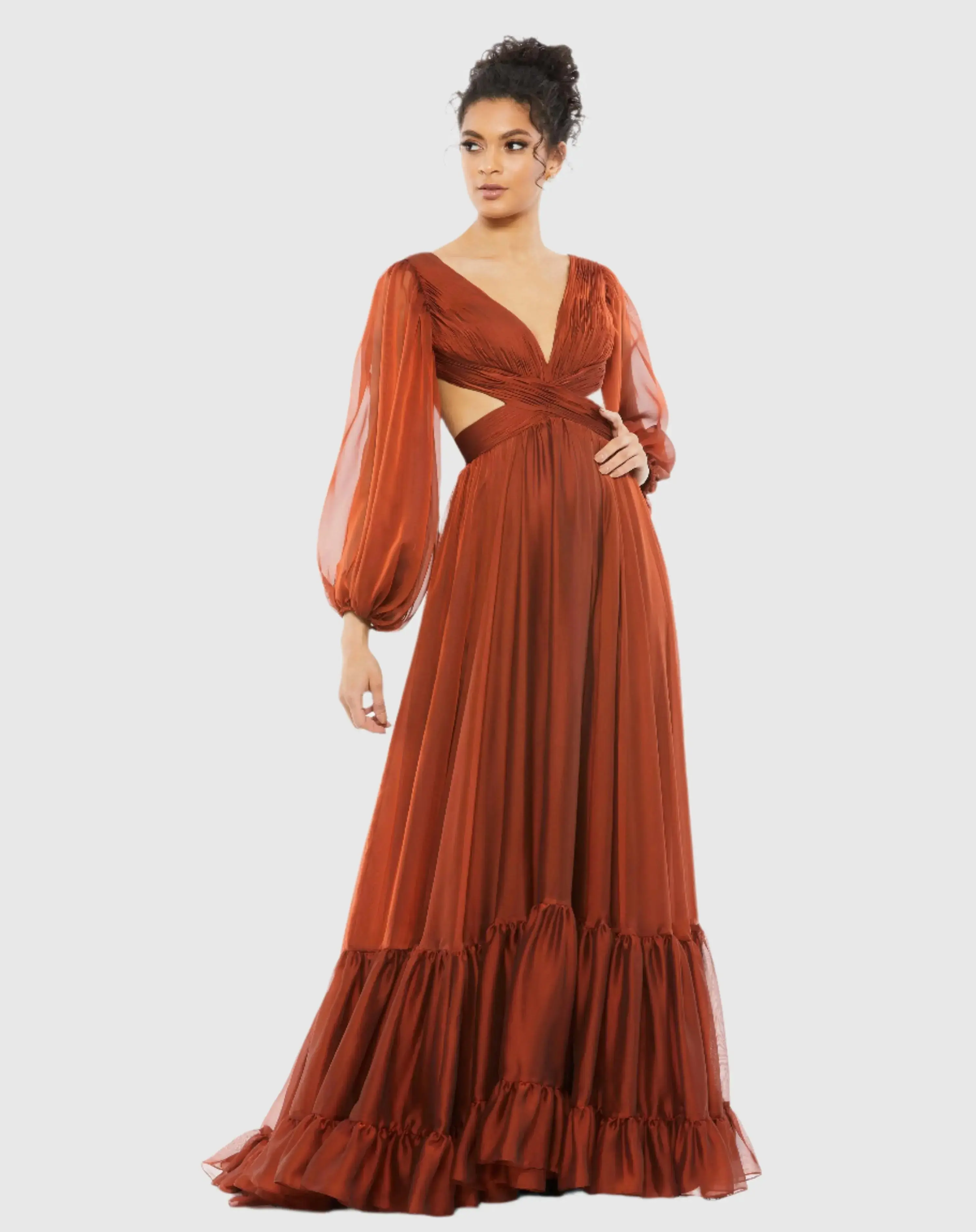 Pleated Cut Out Long Sleeve Lace Up Tiered Gown - Image 2