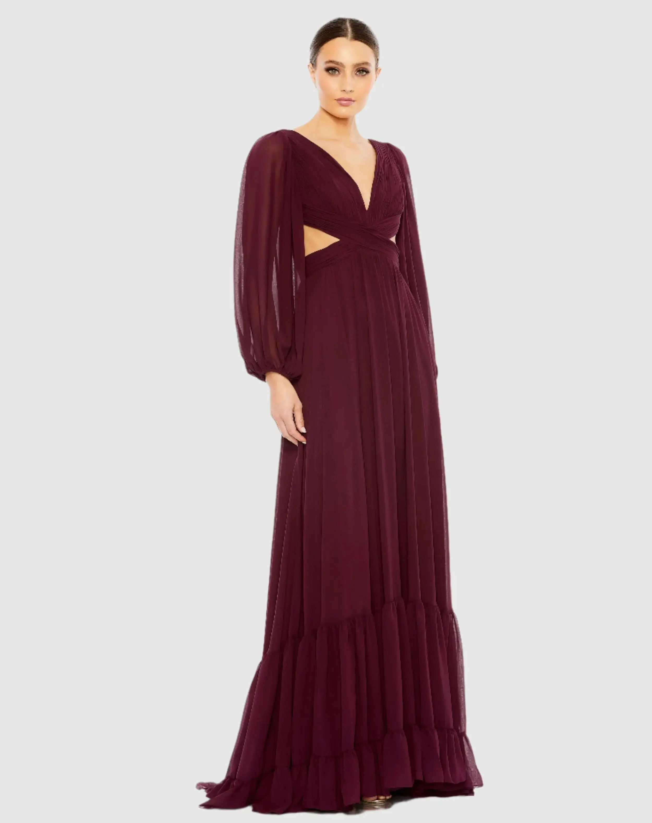 Pleated Cut Out Long Sleeve Lace Up Tiered Gown - Image 3
