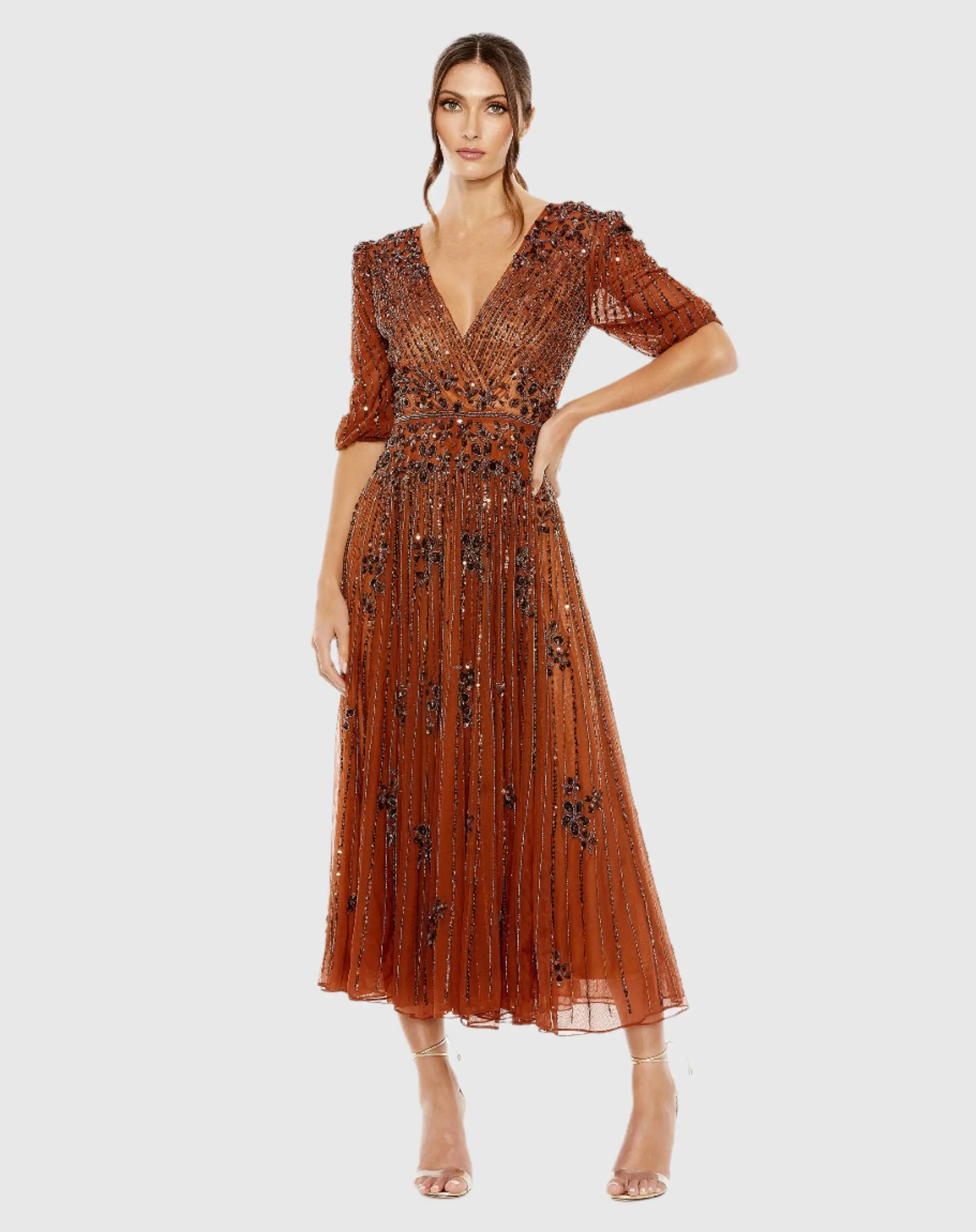 Puff Quarter Length Sleeve V-Neck Dress - Image 2