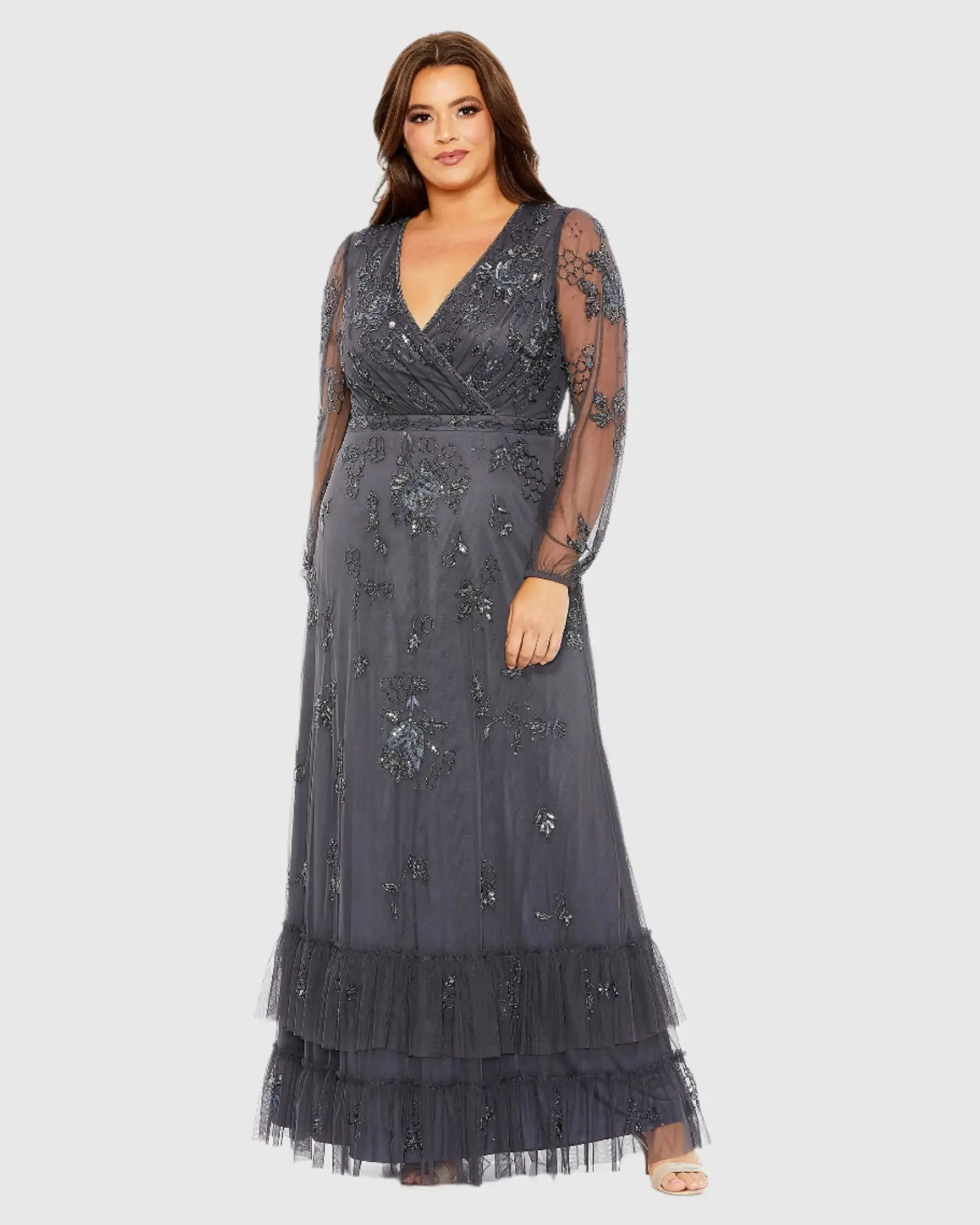 Puff Sleeve V-Neck Tiered Embellished Gown - Image 2