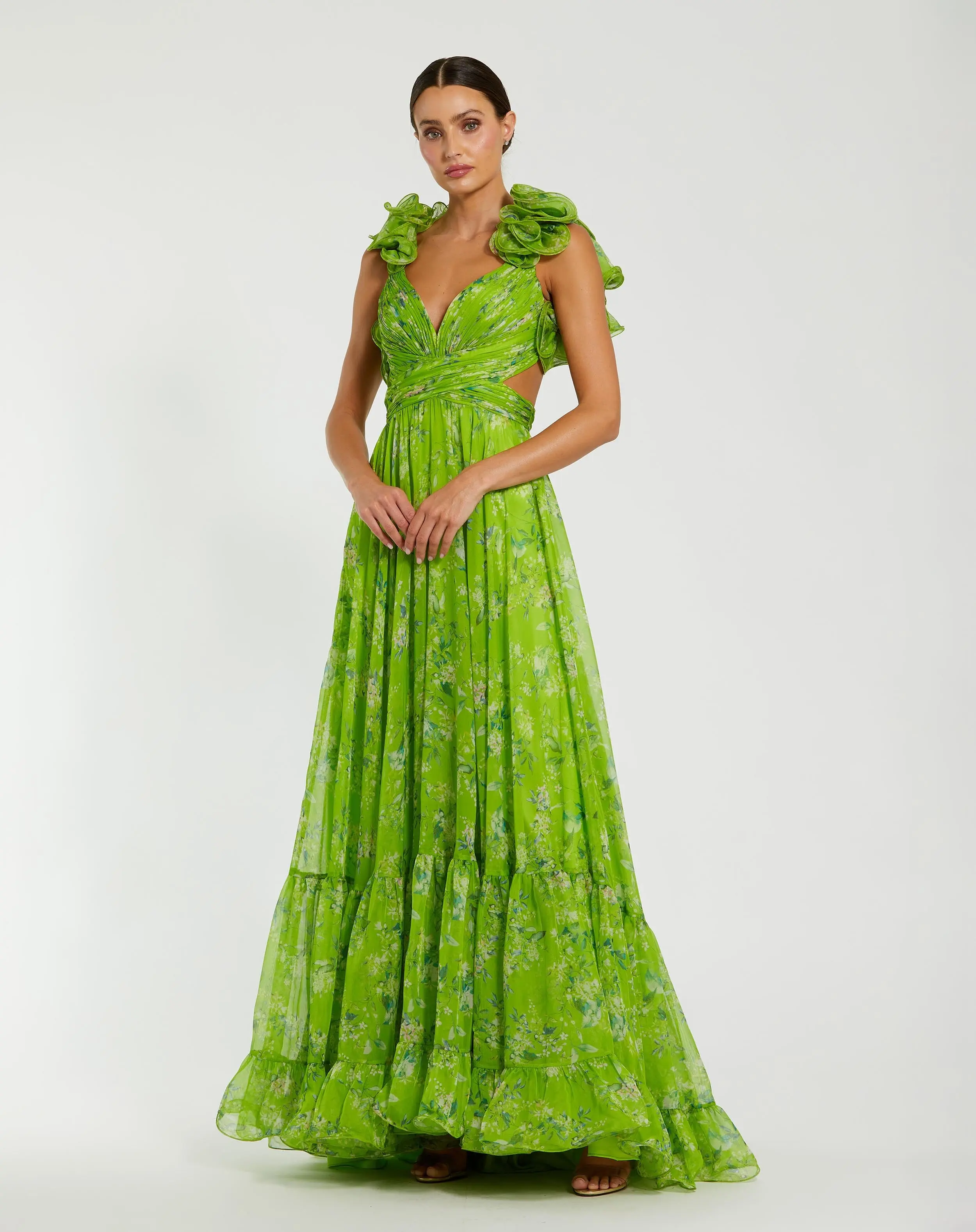 Ruffle Tiered Floral Cut-Out Chiffon Gown
