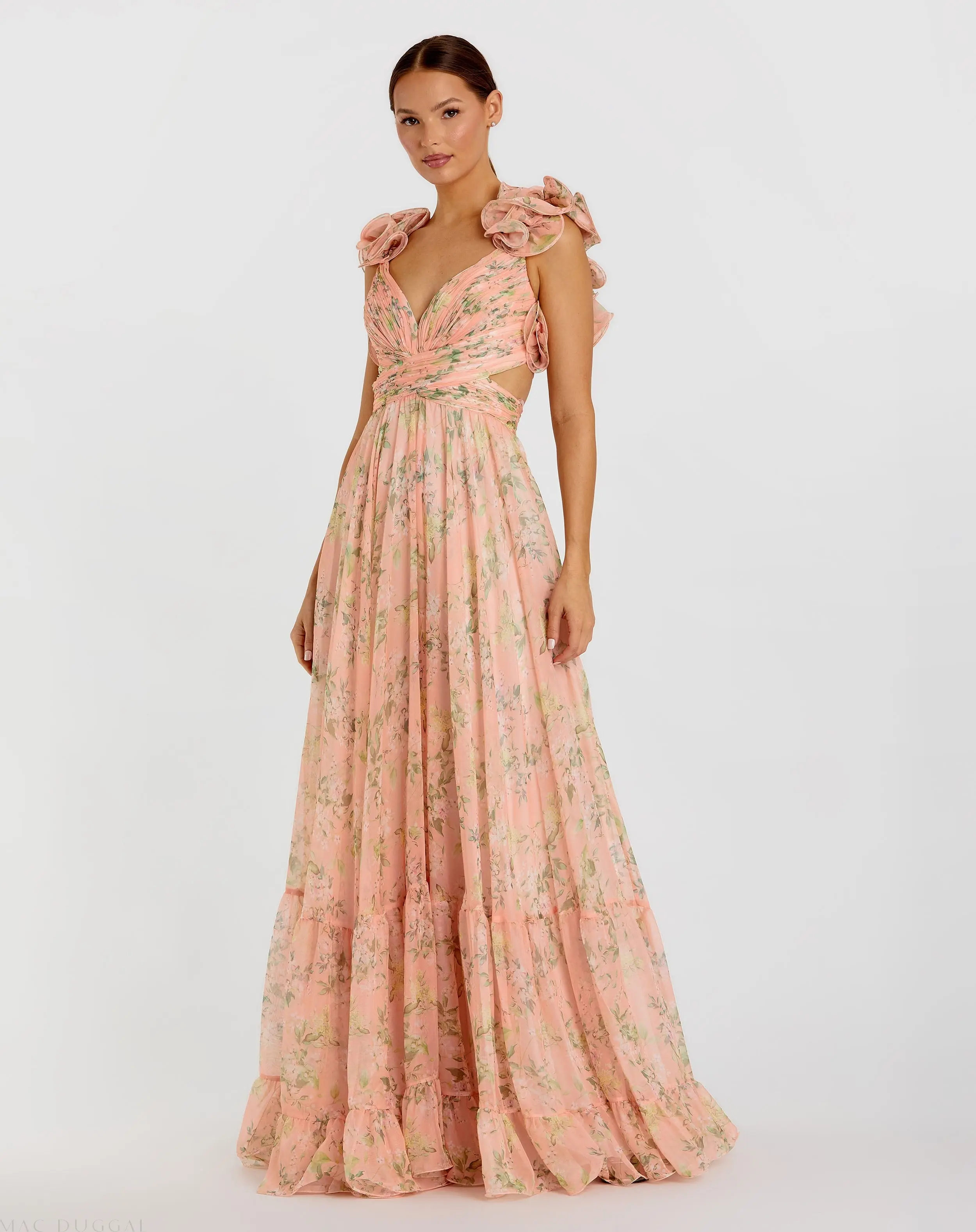 Ruffle Tiered Floral Cut-Out Chiffon Gown - Image 2