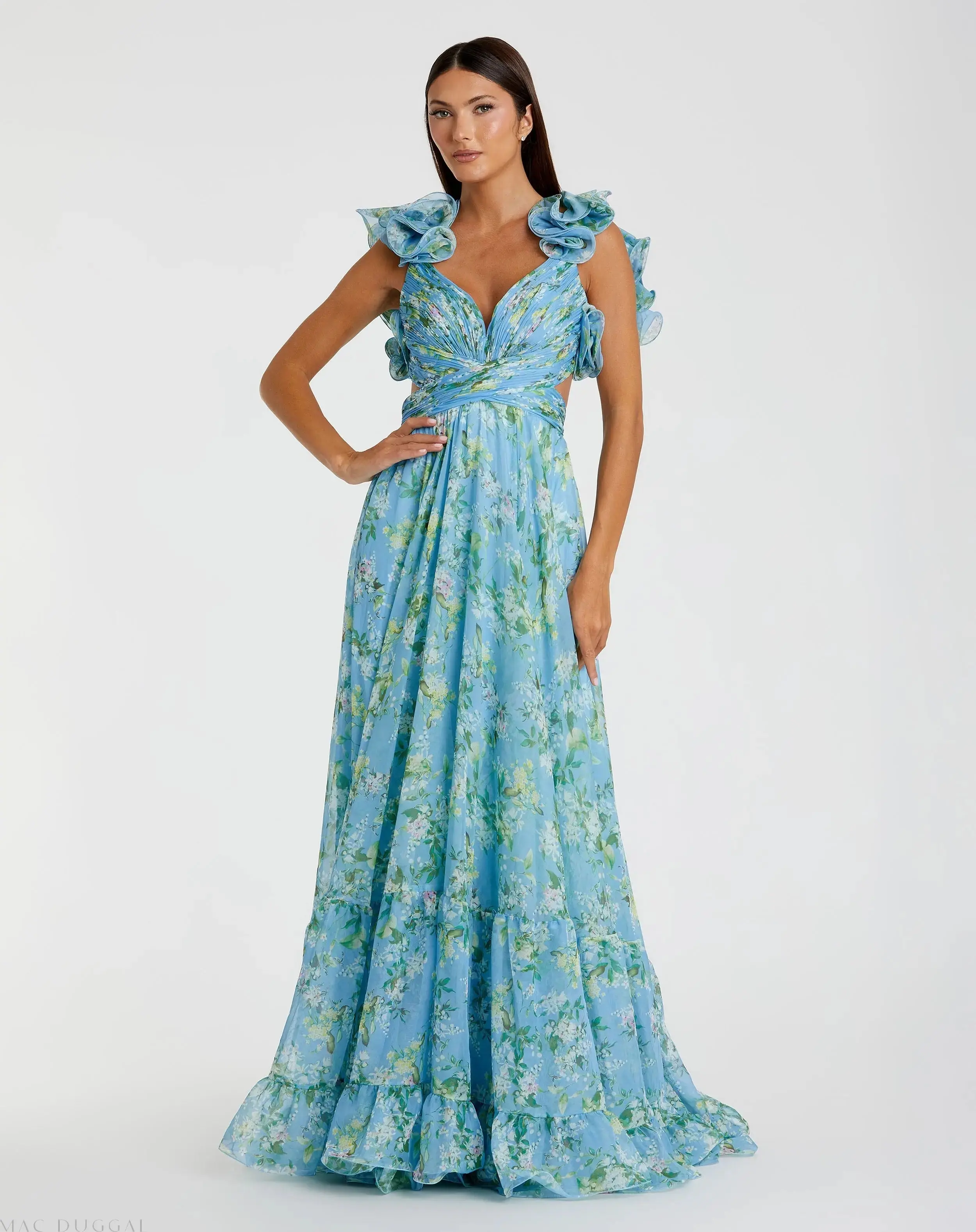 Ruffle Tiered Floral Cut-Out Chiffon Gown - Image 3