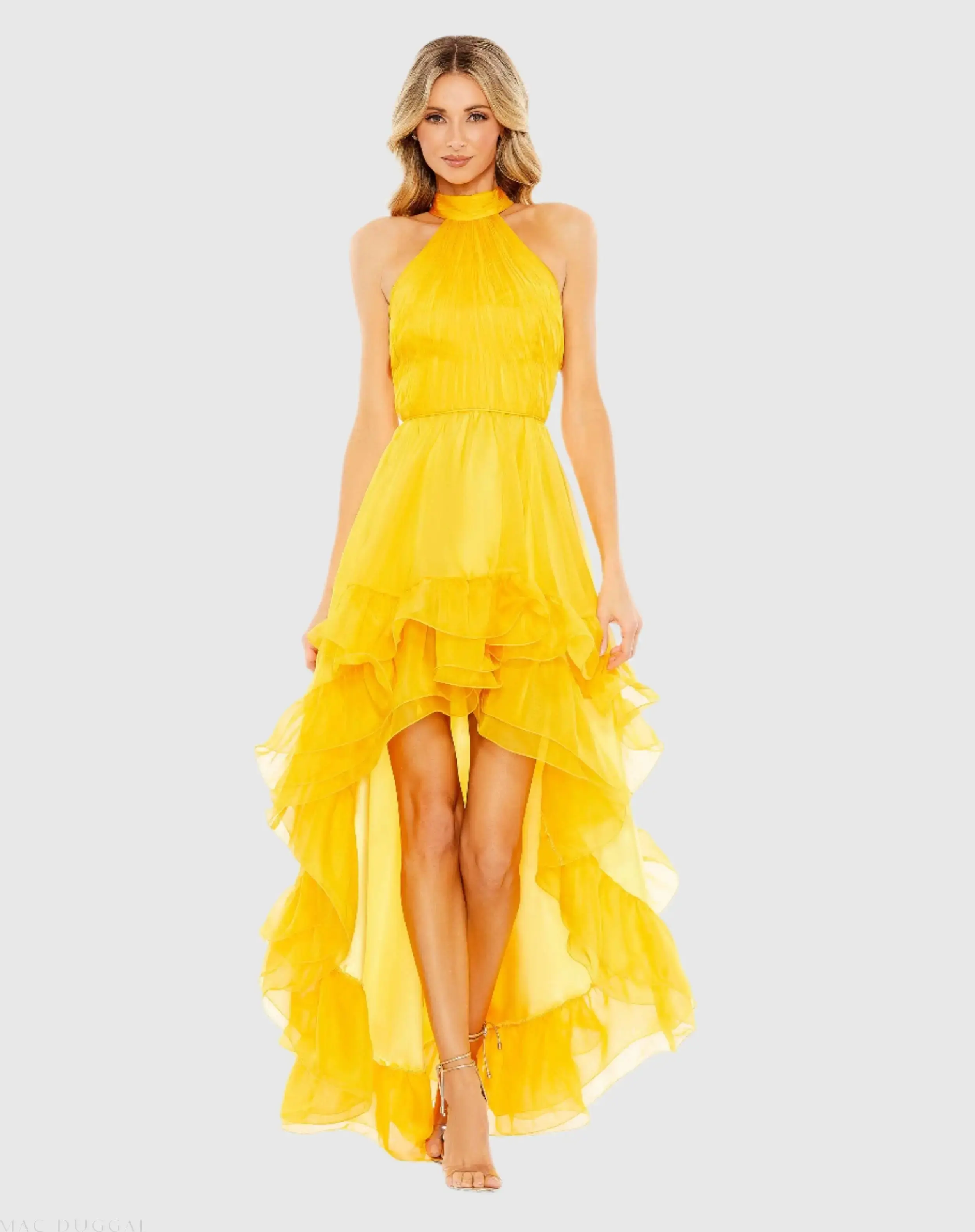 Ruffle Tiered High Low Pleated Halter Neck Gown - Image 2