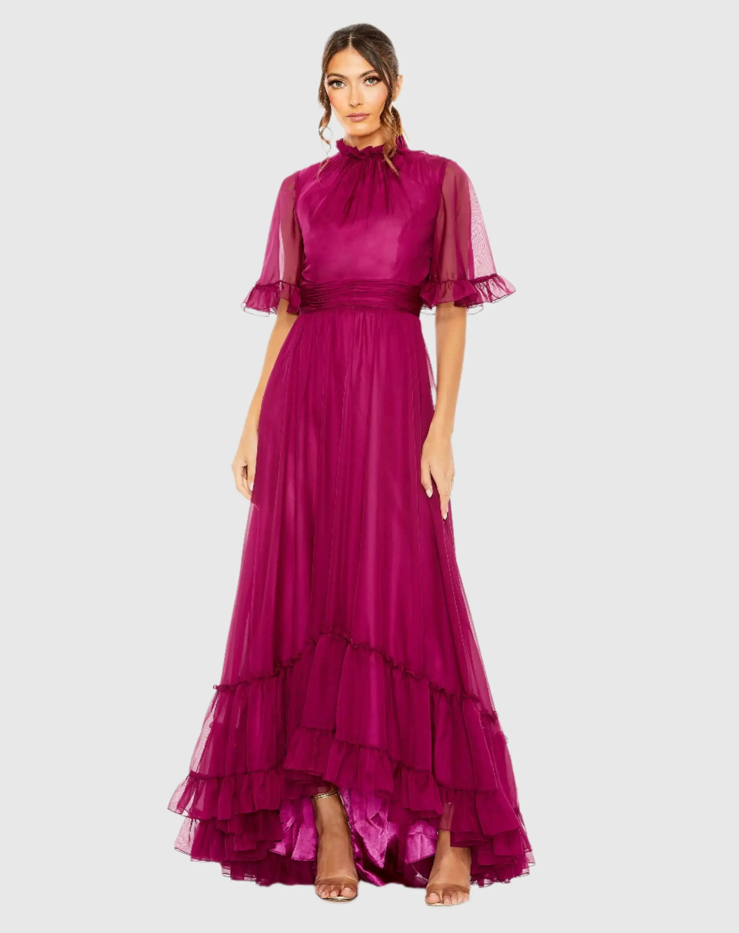 Ruffled Mock Neck Flutter Sleeve High Low Hem Gown - Image 3