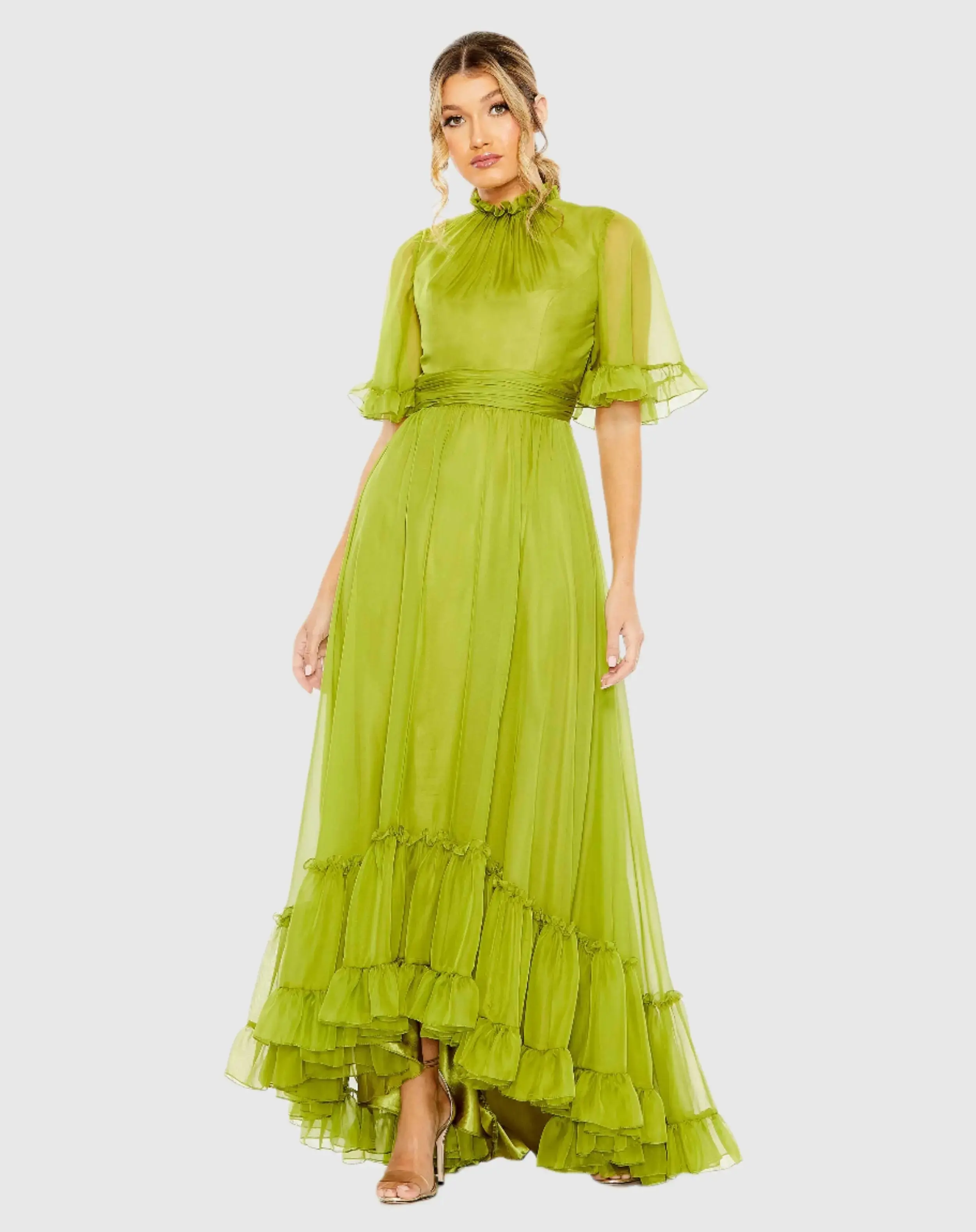 Ruffled Mock Neck Flutter Sleeve High Low Hem Gown - Image 4
