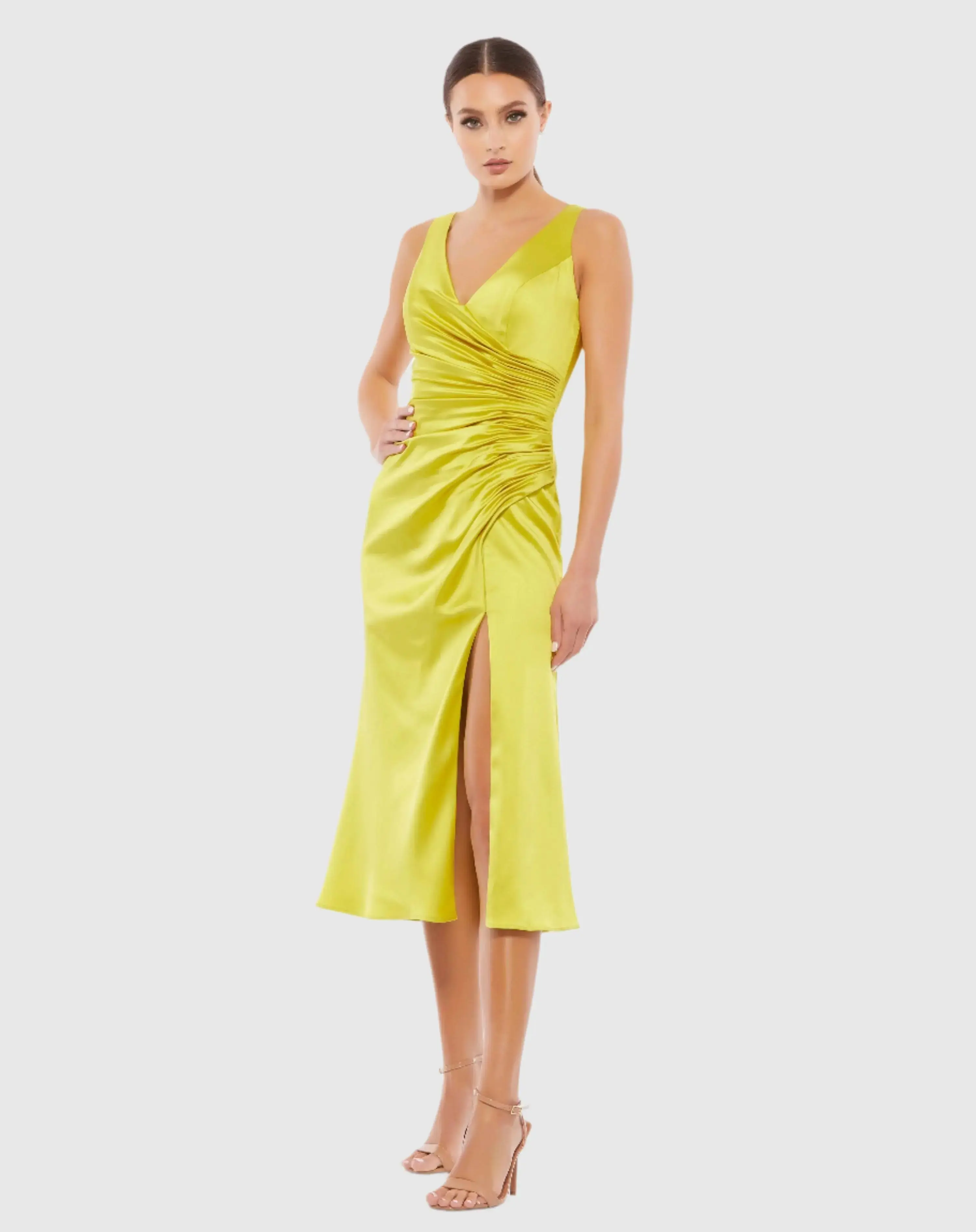 Satin Ruched V-Neck Faux Wrap Midi Dress - Image 2