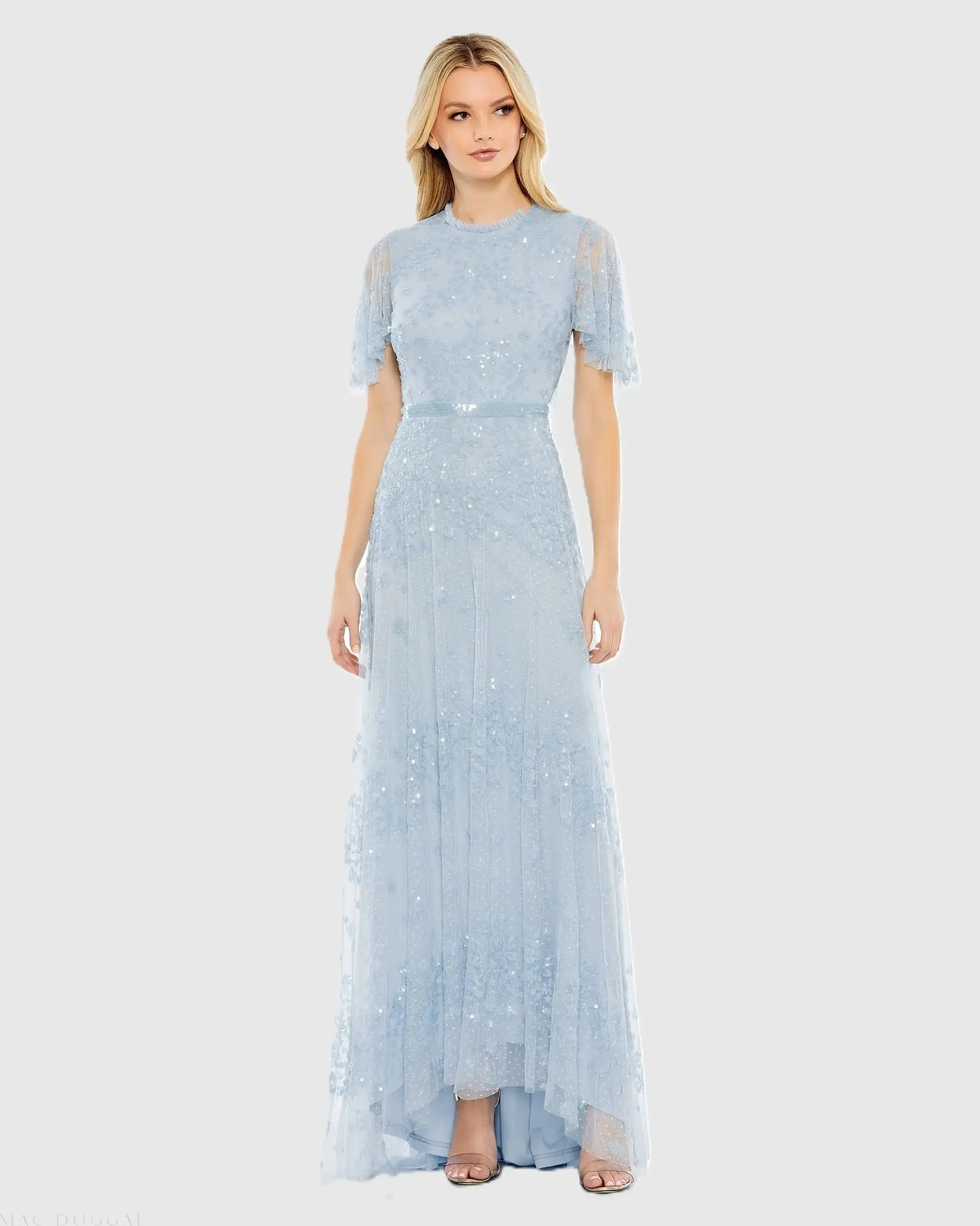 Sequined High Neck Flutter Sleeve A Line Gown - Image 2