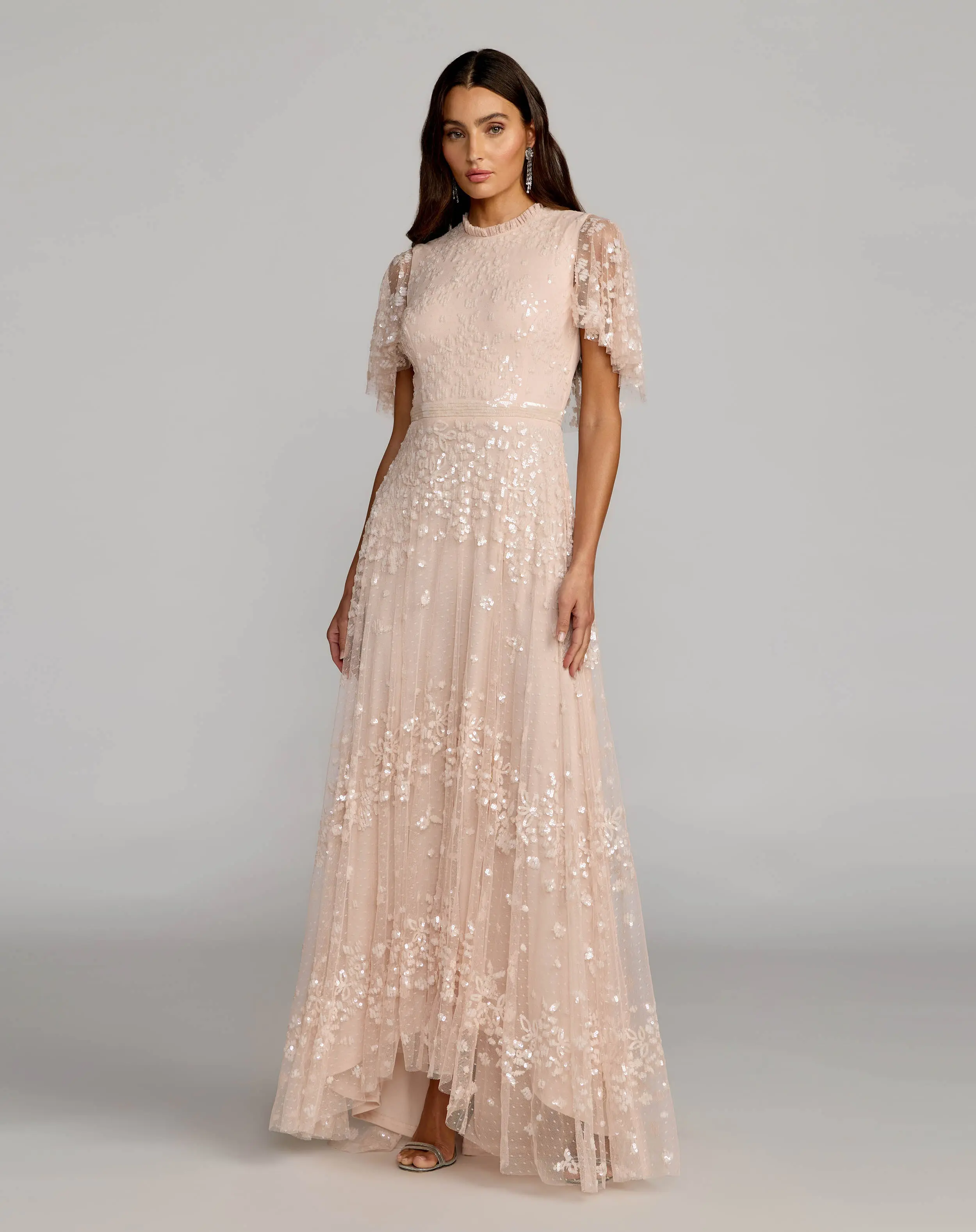 Sequined High Neck Flutter Sleeve A Line Gown - Image 3