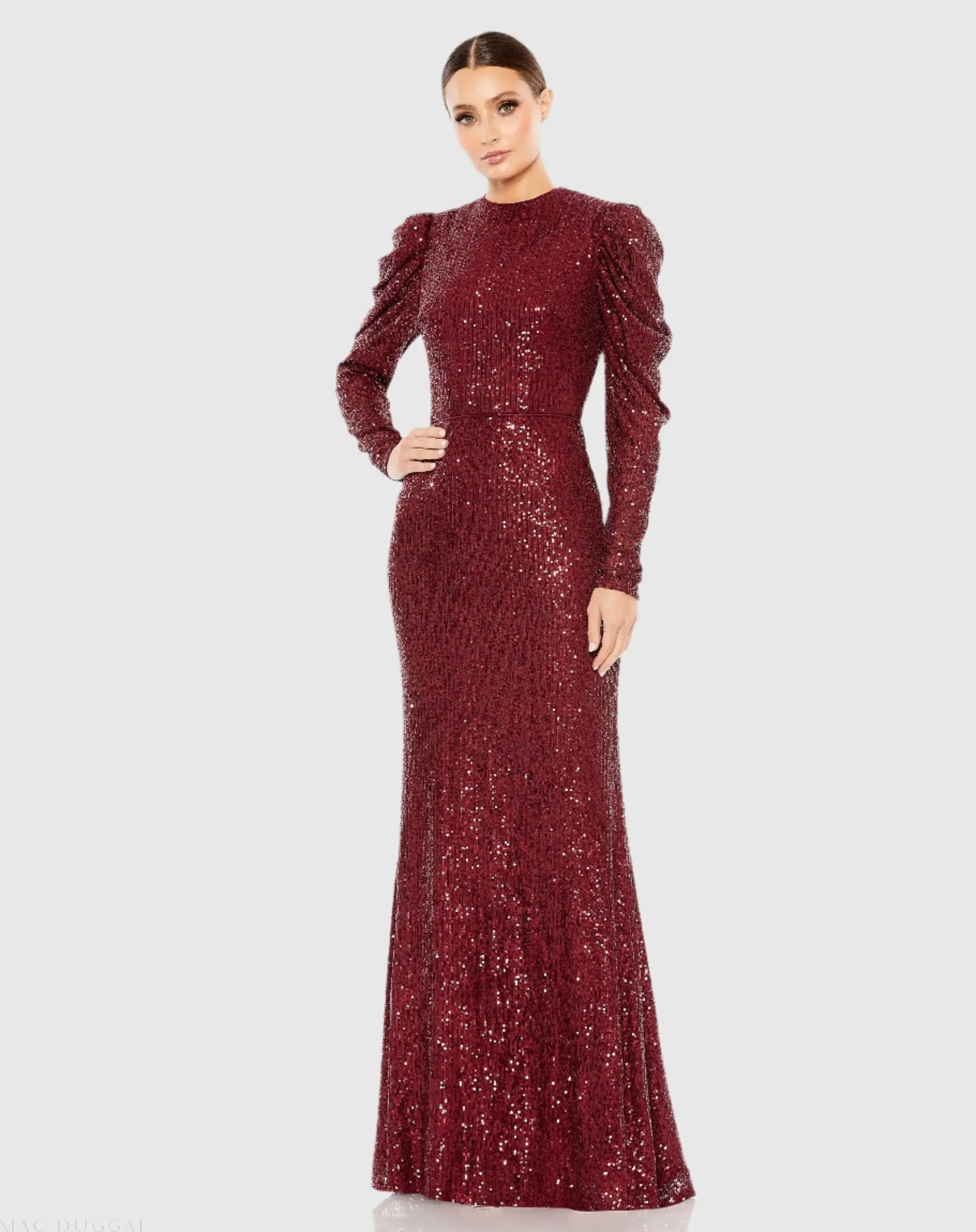 Sequined High Neck Puff Long Sleeve Column Gown - Image 2
