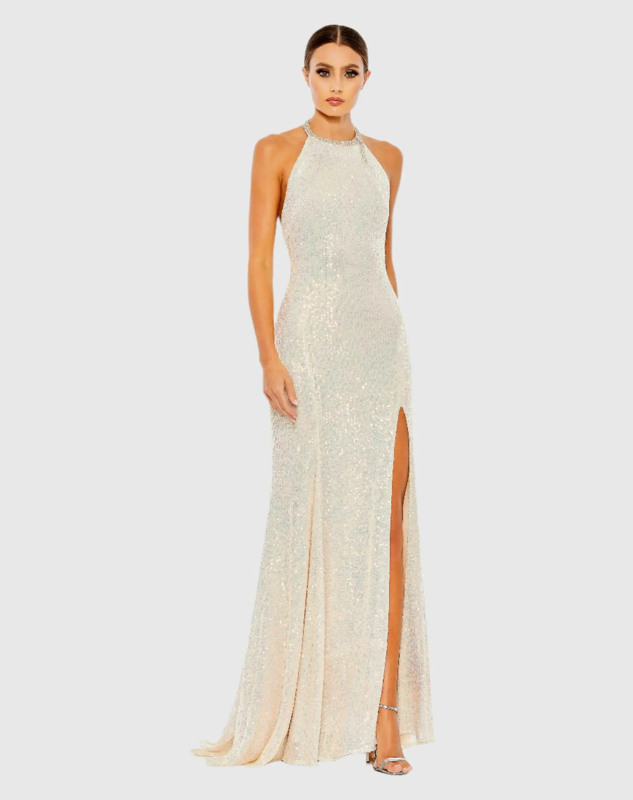 Sequined High Neck Rhinestone Trim Column Gown - Image 2
