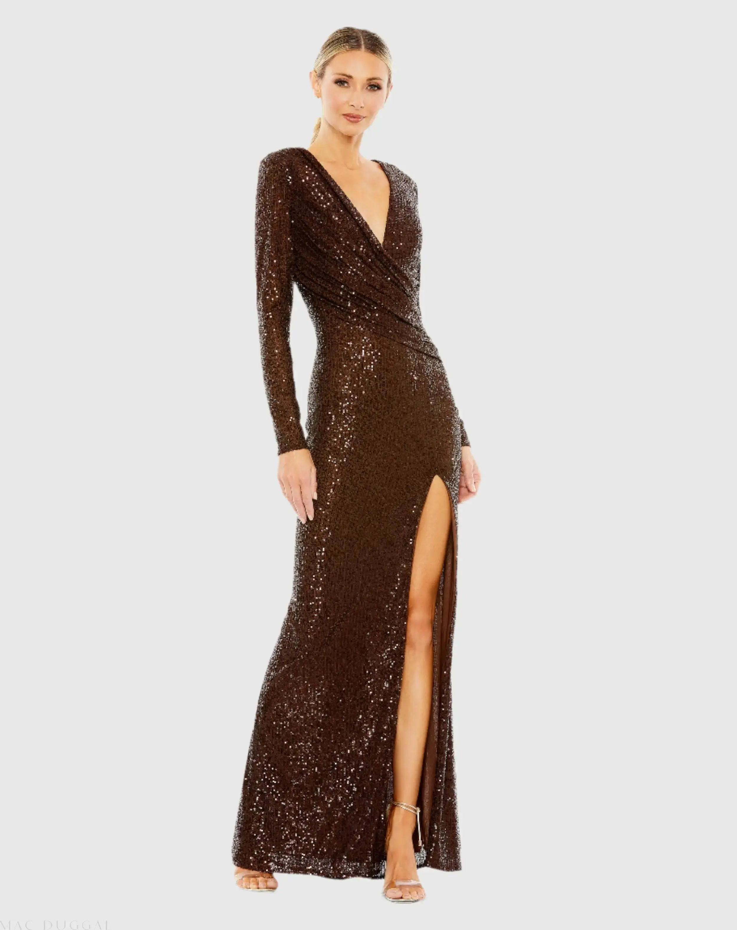 Sequined Long Sleeve Faux Wrap Ruched Gown - Image 2