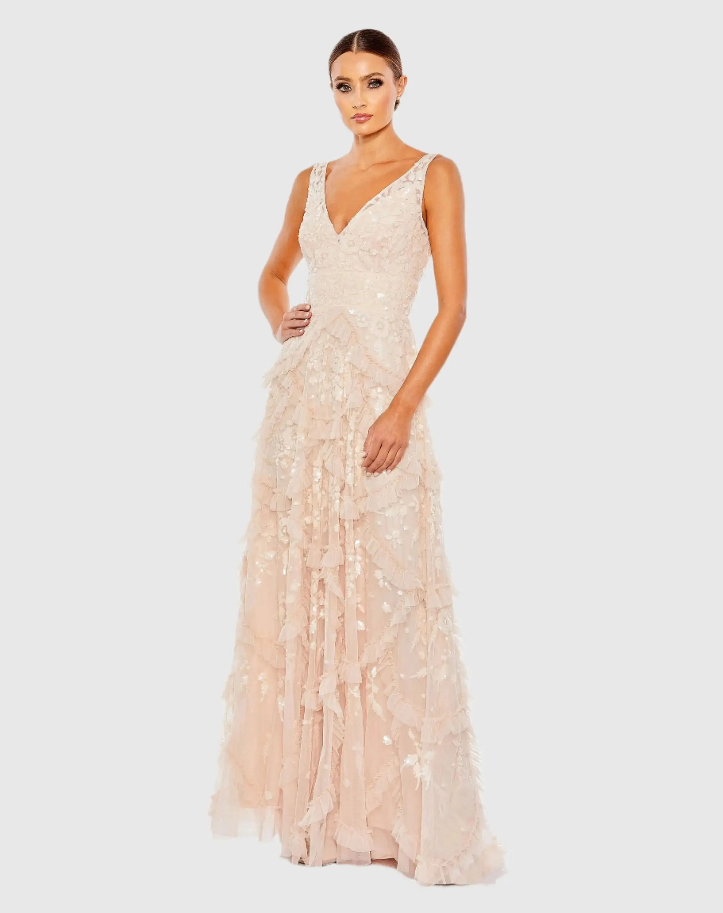 Sequined Scallop Ruffle Tiered V-Neck Gown - Image 2