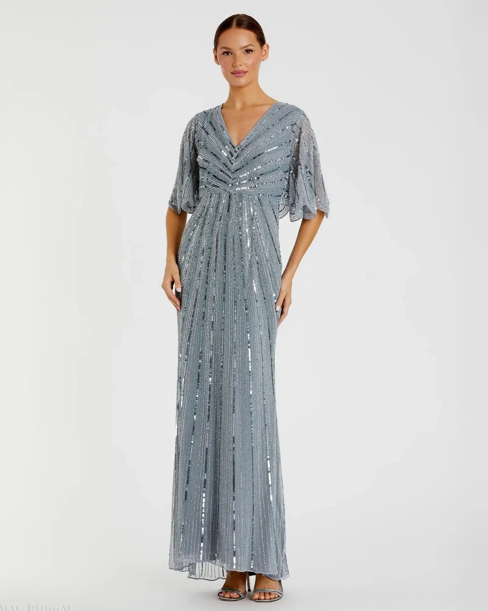Sequined V Neck Cape Sleeve Column Gown - Image 2