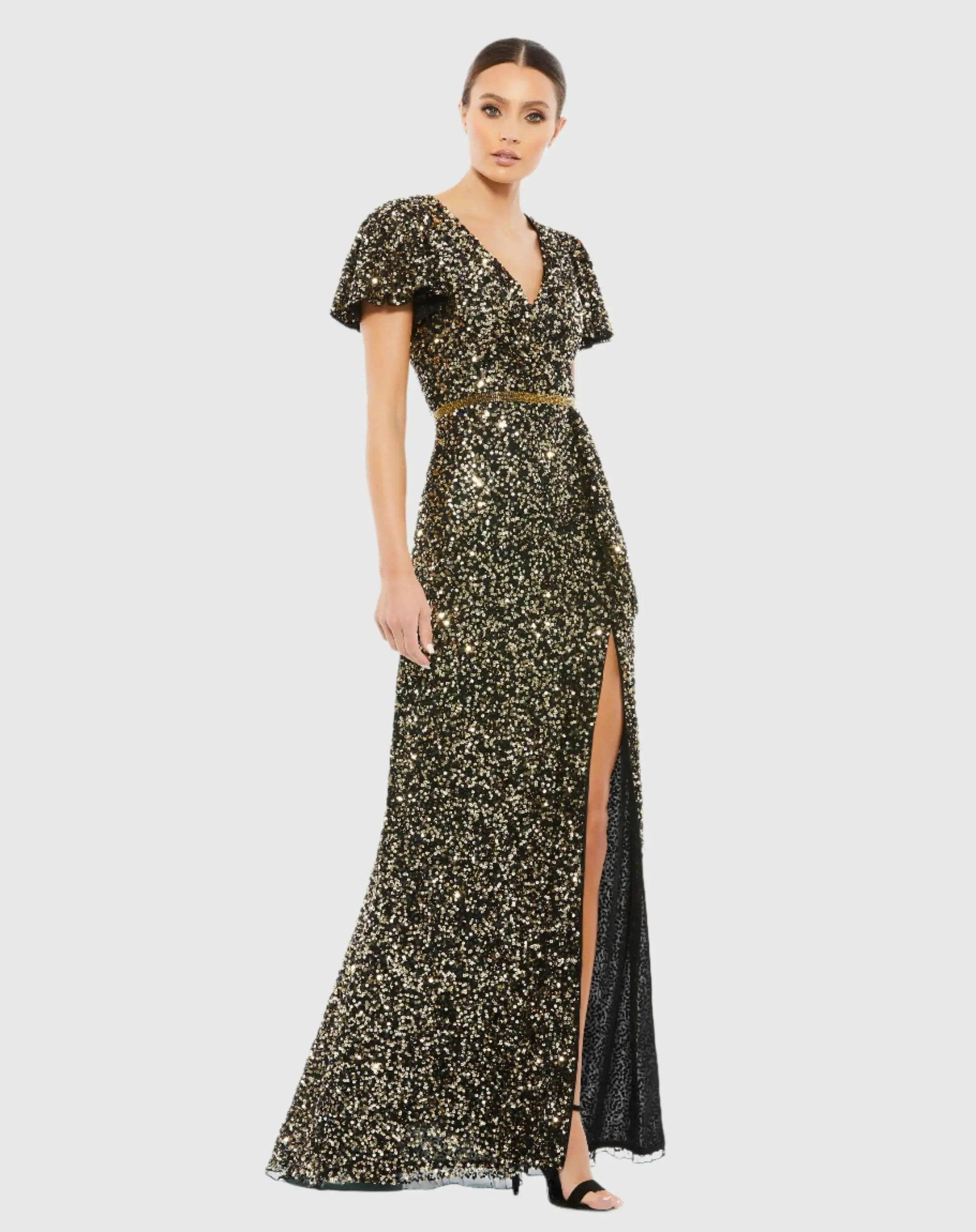 Sequined Wrap Over Butterfly Sleeve Draped Gown - Image 2