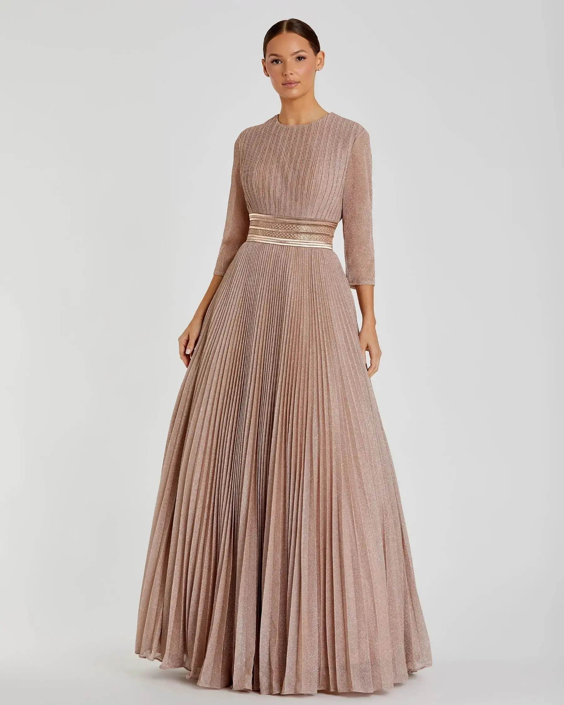 Pink Shimmering Pleated 3/4 Sleeve Ball Gown