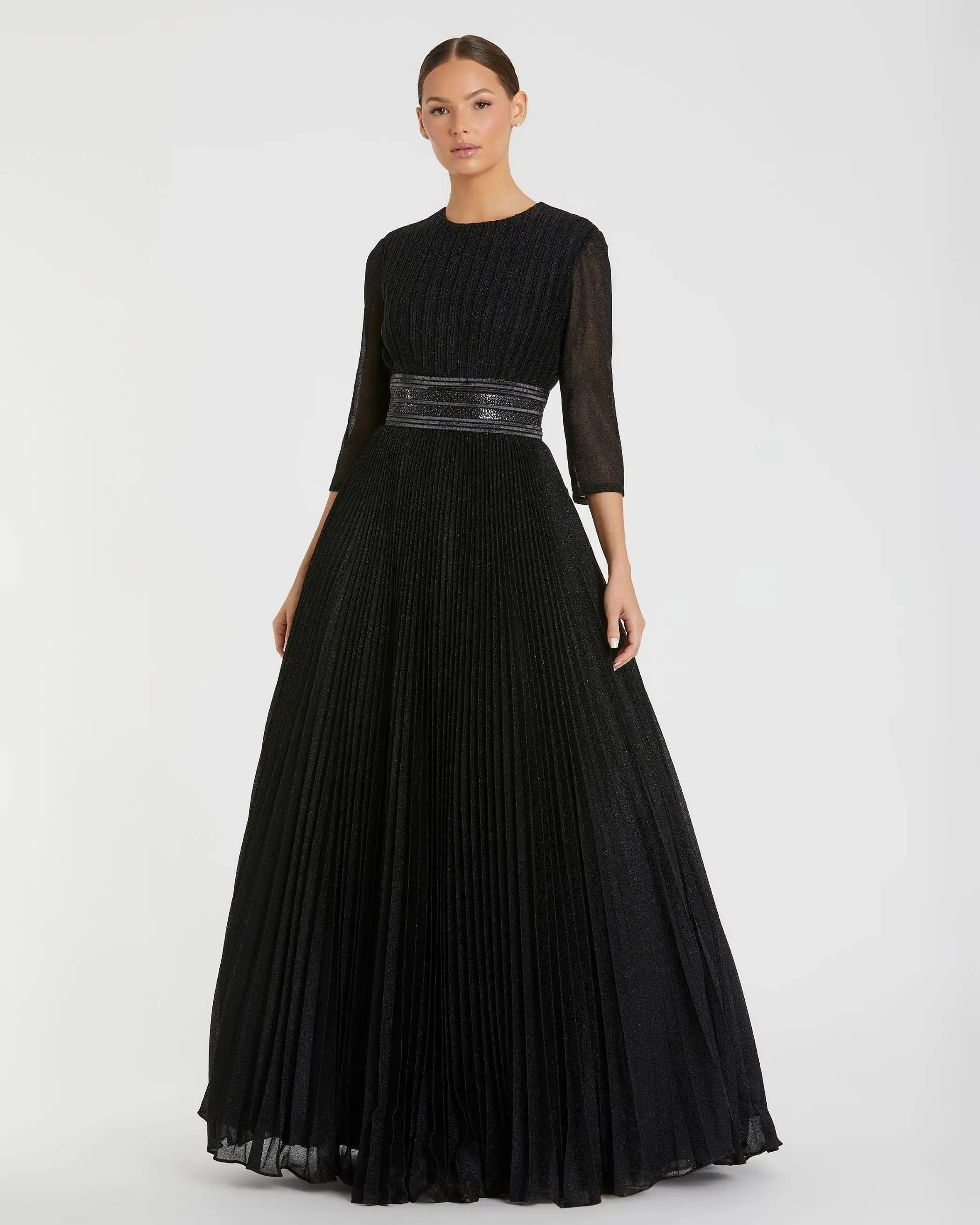 Shimmering Pleated A-Line 3/4 Sleeve Gown - Image 2